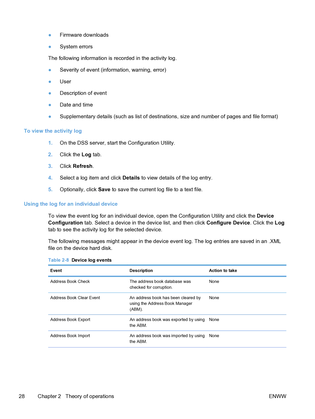 HP MFP Sending Software 4.9X manual To view the activity log, Using the log for an individual device, 8Device log events 