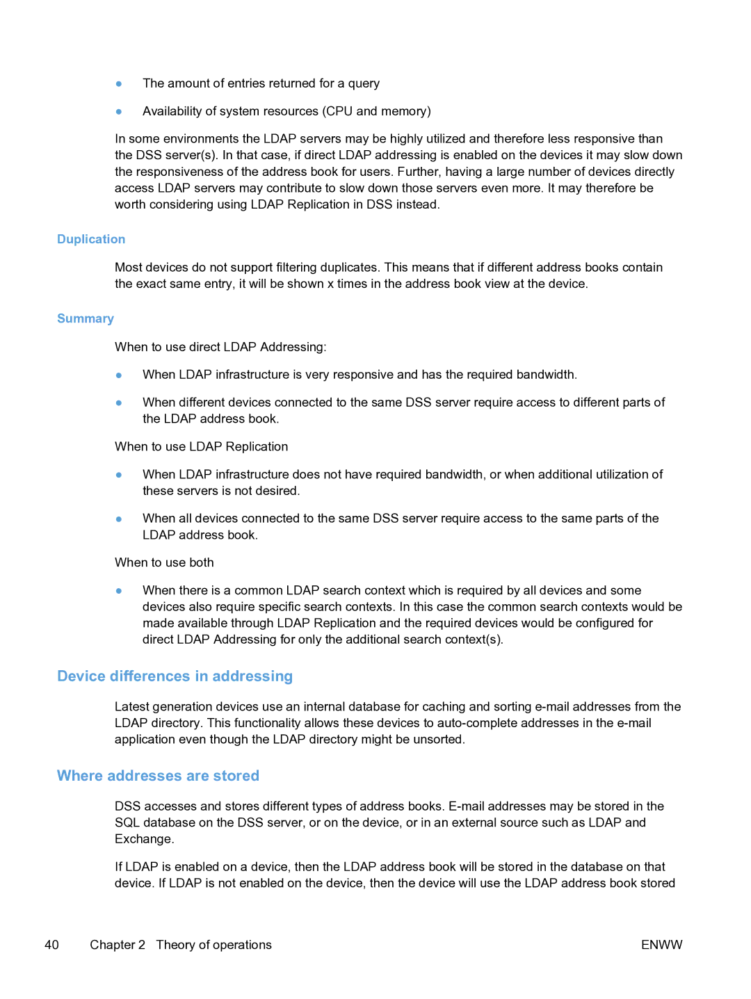 HP MFP Sending Software 4.9X manual Device differences in addressing, Where addresses are stored, Duplication, Summary 