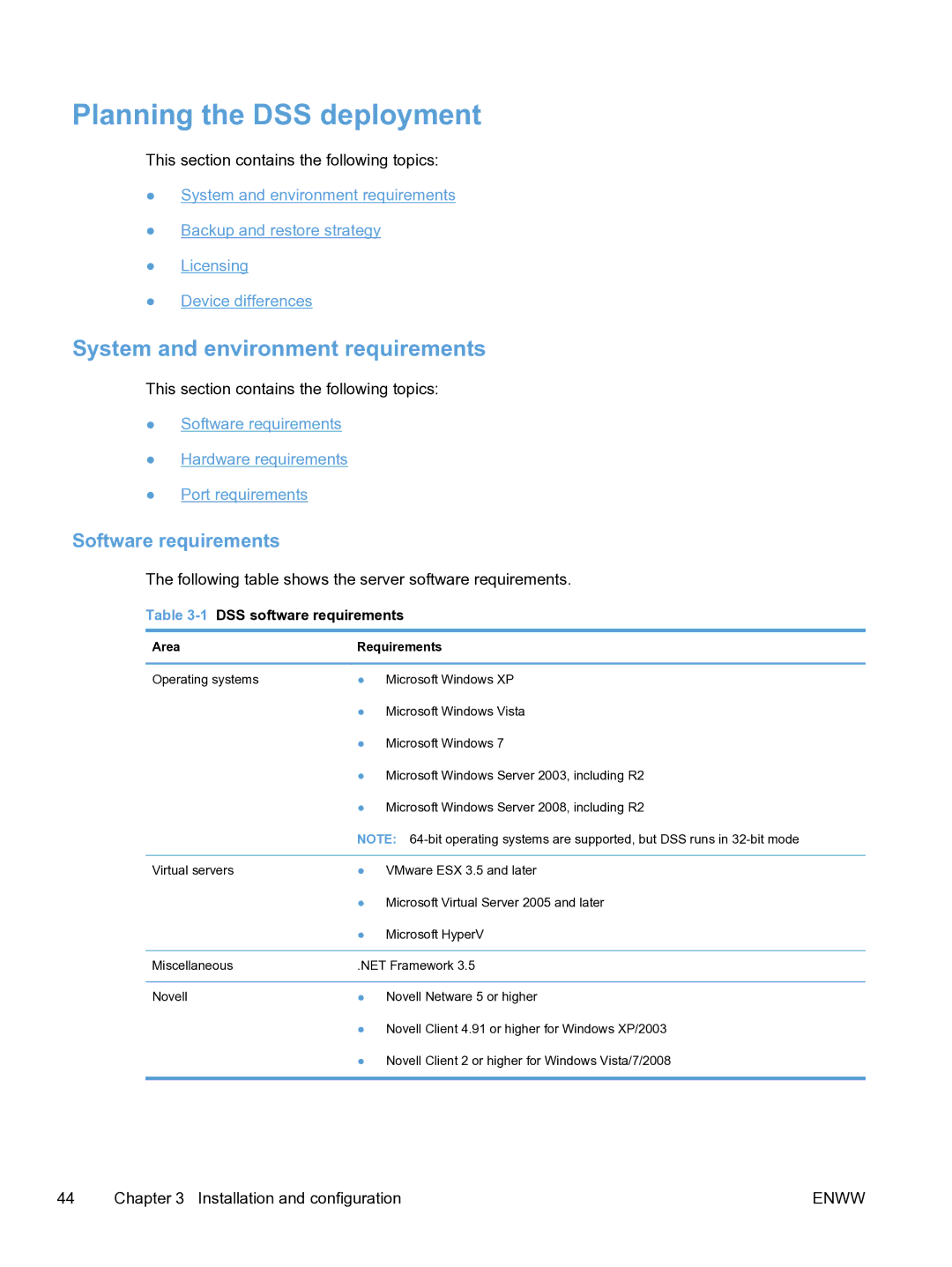 HP MFP Sending Software 4.9X manual Planning the DSS deployment, System and environment requirements, Software requirements 