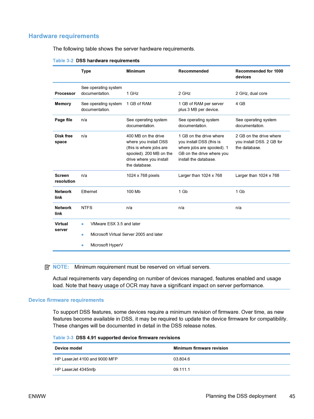 HP MFP Sending Software 4.9X manual Hardware requirements, Device firmware requirements, 2DSS hardware requirements 