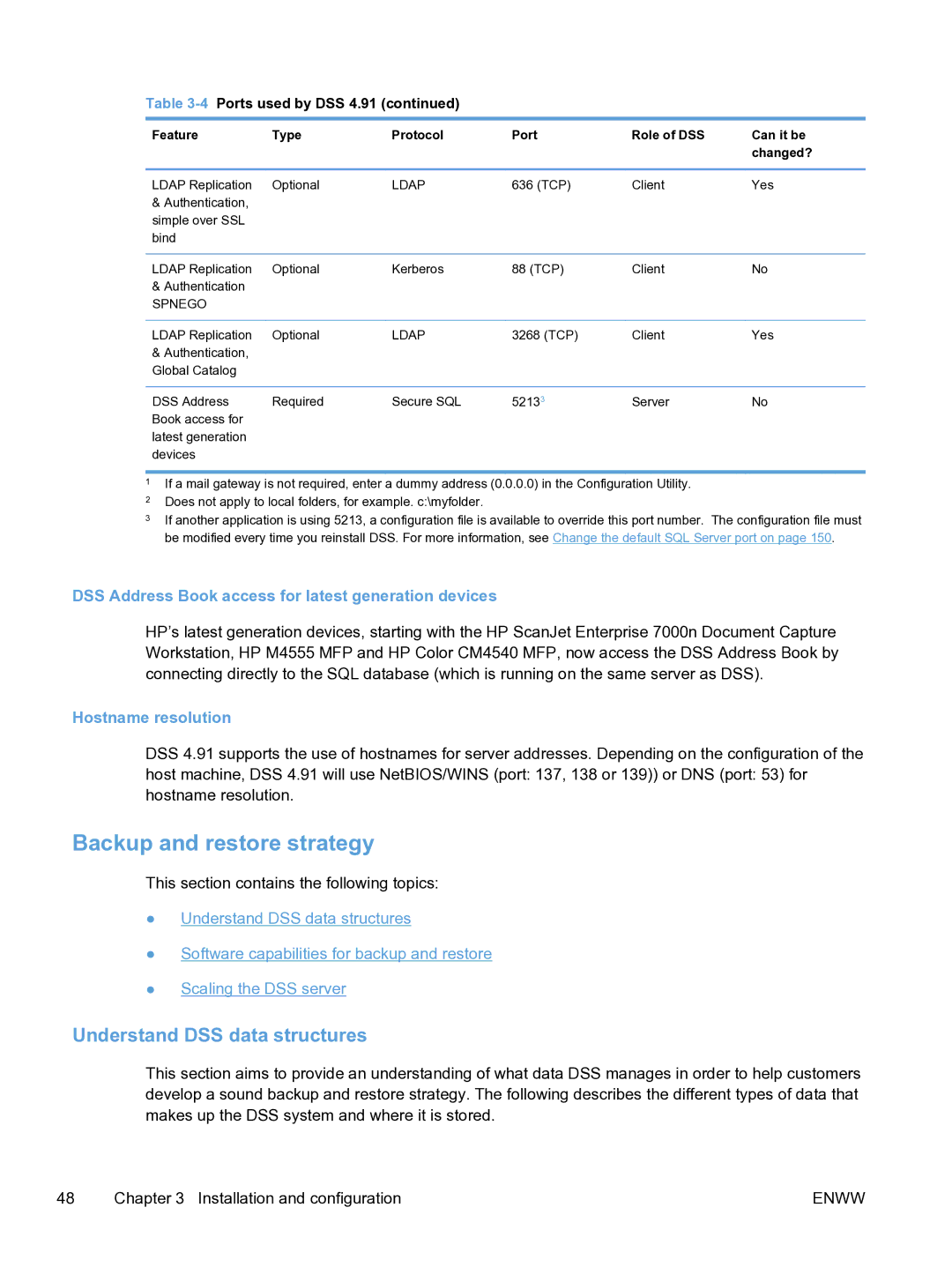 HP MFP Sending Software 4.9X manual Backup and restore strategy, Understand DSS data structures, Hostname resolution 