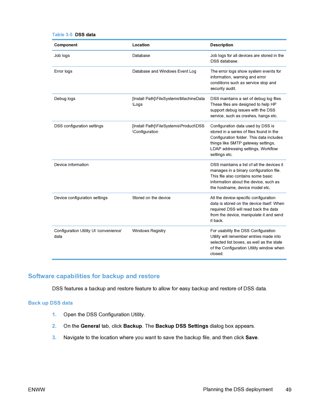 HP MFP Sending Software 4.9X manual Software capabilities for backup and restore, Back up DSS data 