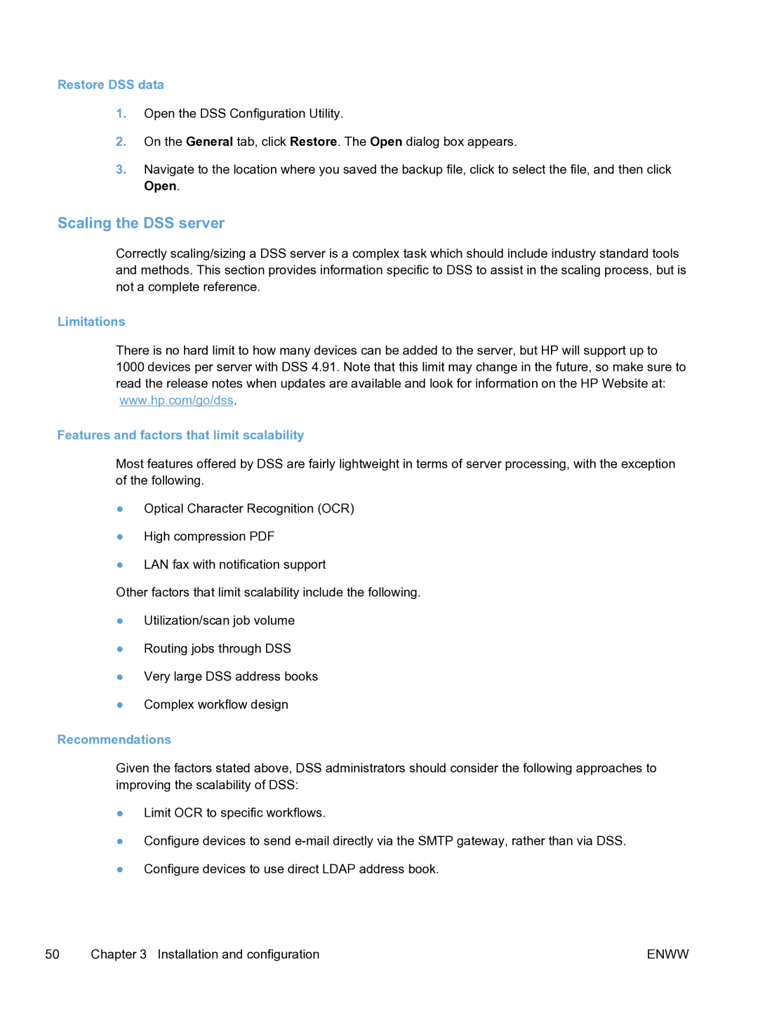 HP MFP Sending Software 4.9X manual Scaling the DSS server, Restore DSS data, Limitations, Recommendations 