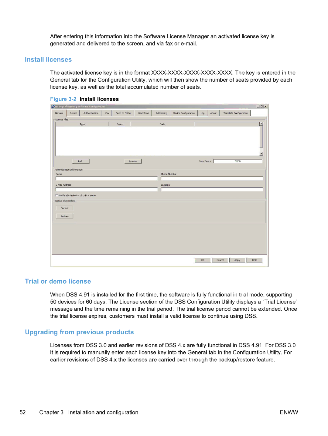 HP MFP Sending Software 4.9X manual Install licenses, Trial or demo license, Upgrading from previous products 