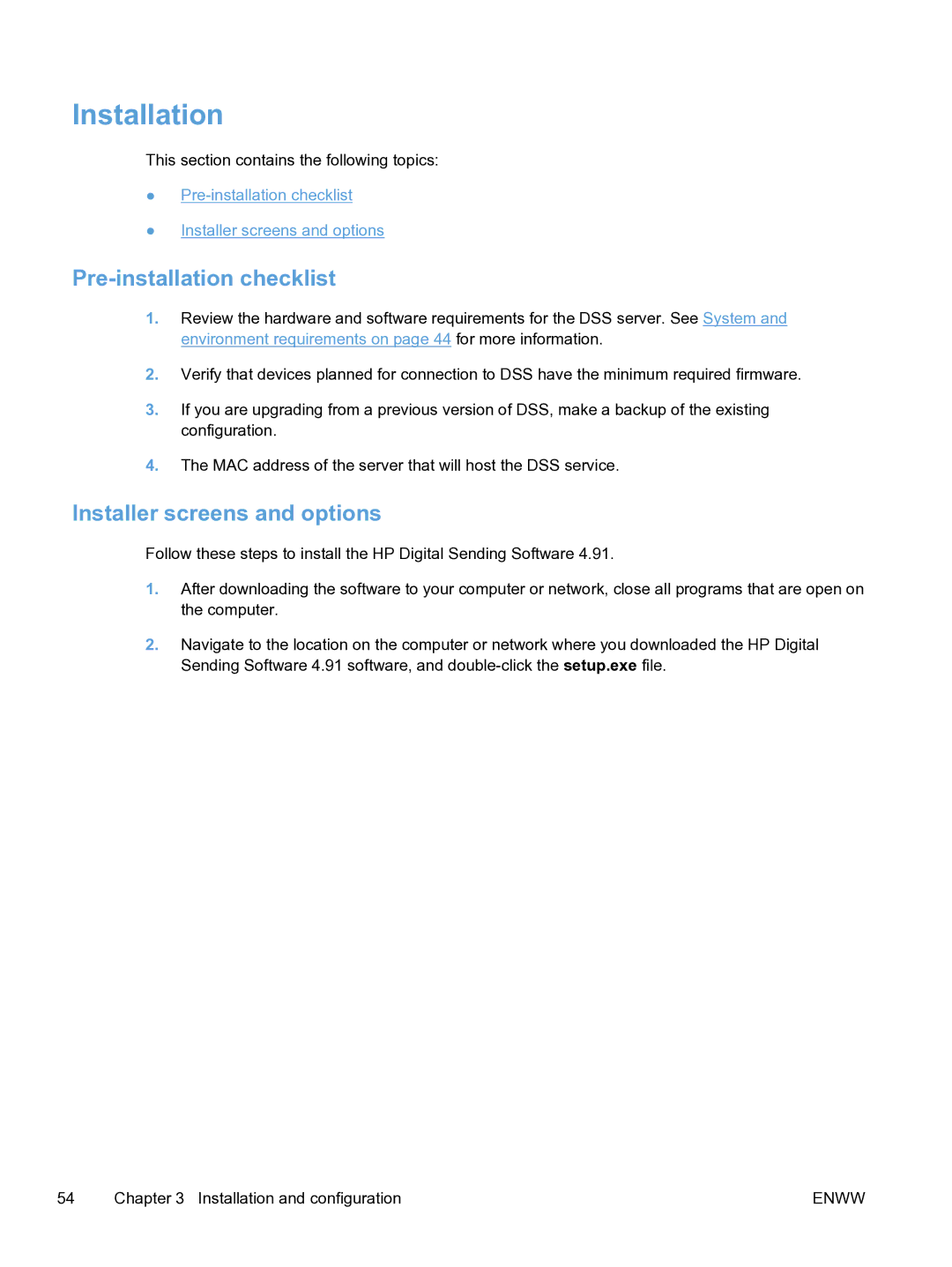 HP MFP Sending Software 4.9X manual Installation, Pre-installation checklist, Installer screens and options 