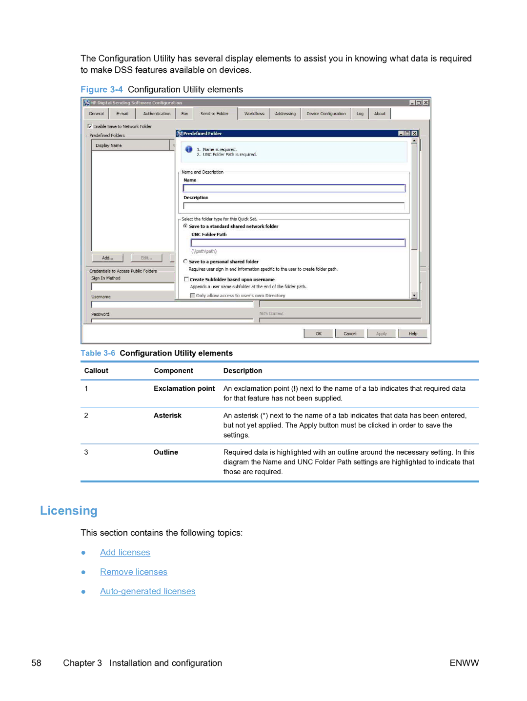 HP MFP Sending Software 4.9X manual Configuration Utility elements, Callout Component Description, Asterisk, Outline 