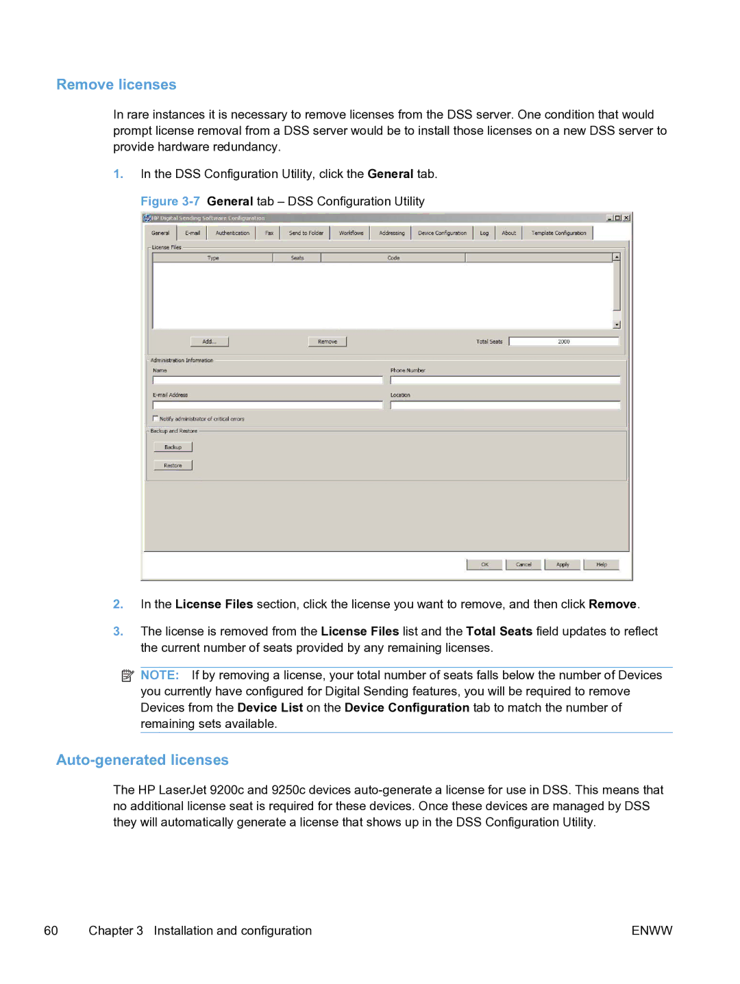 HP MFP Sending Software 4.9X manual Remove licenses, Auto-generated licenses 