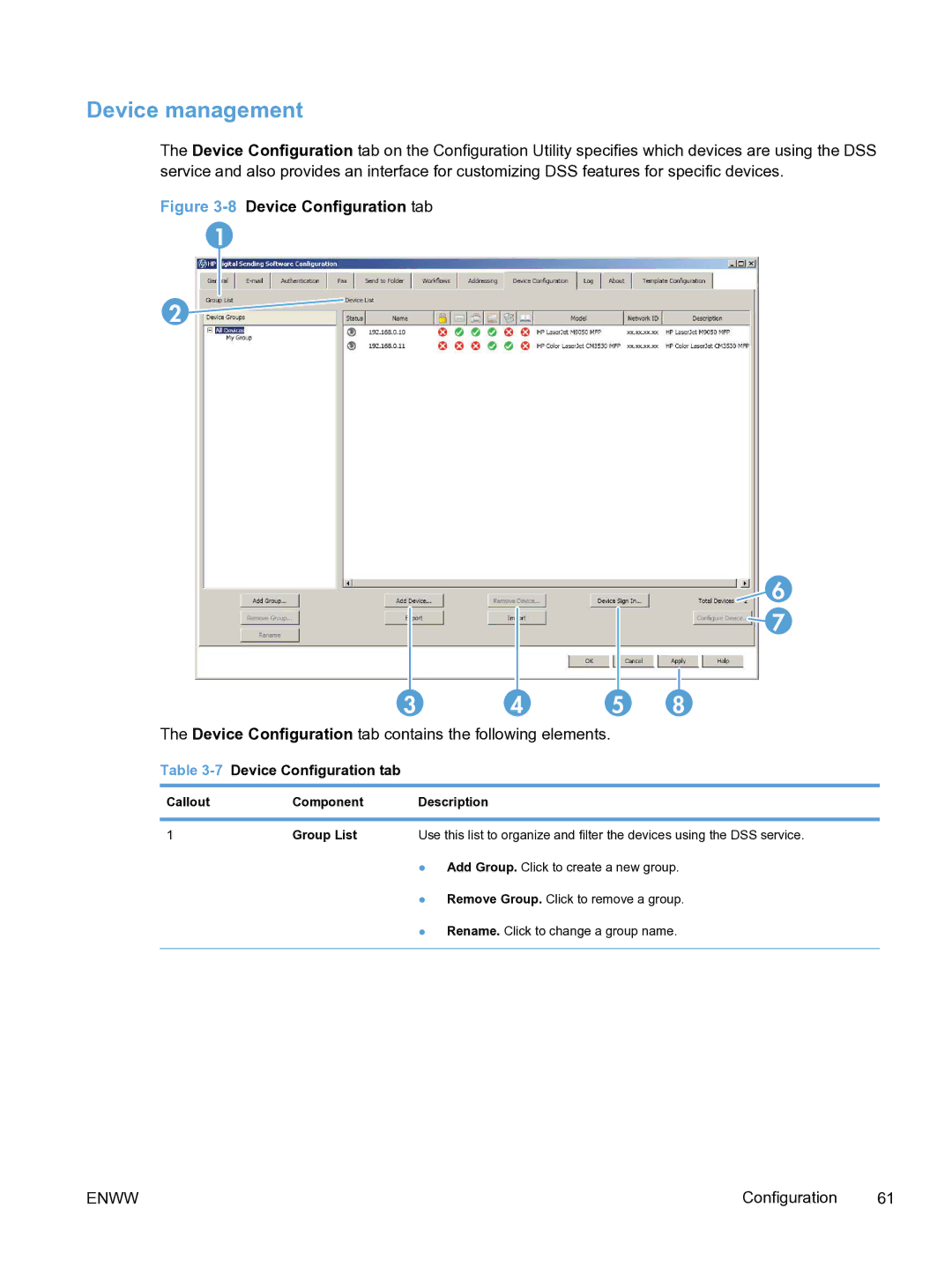 HP MFP Sending Software 4.9X manual Device management, 7Device Configuration tab 