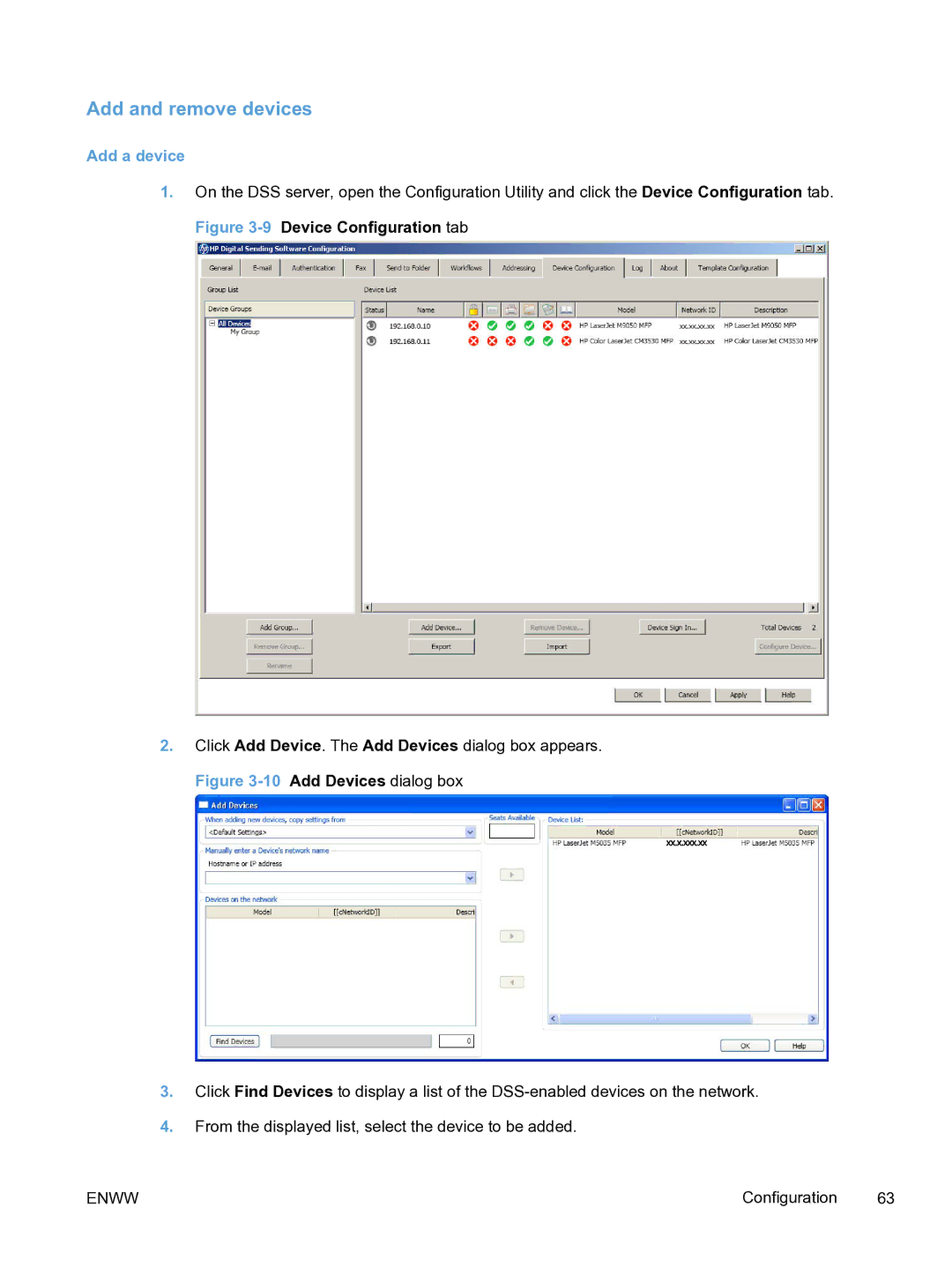 HP MFP Sending Software 4.9X manual Add and remove devices, Add a device 