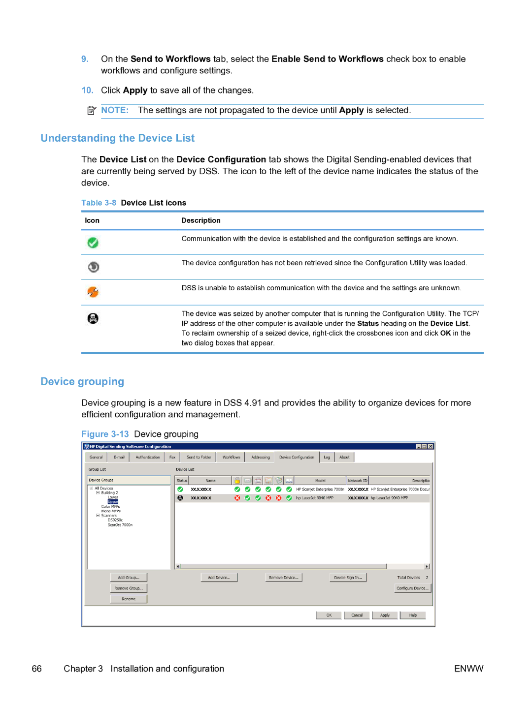 HP MFP Sending Software 4.9X manual Understanding the Device List, Device grouping, 8Device List icons, IconDescription 