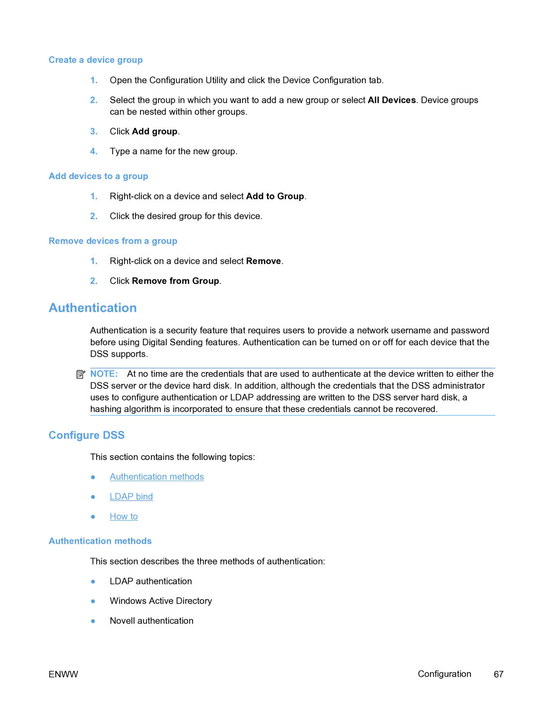 HP MFP Sending Software 4.9X Configure DSS, Create a device group, Add devices to a group, Remove devices from a group 