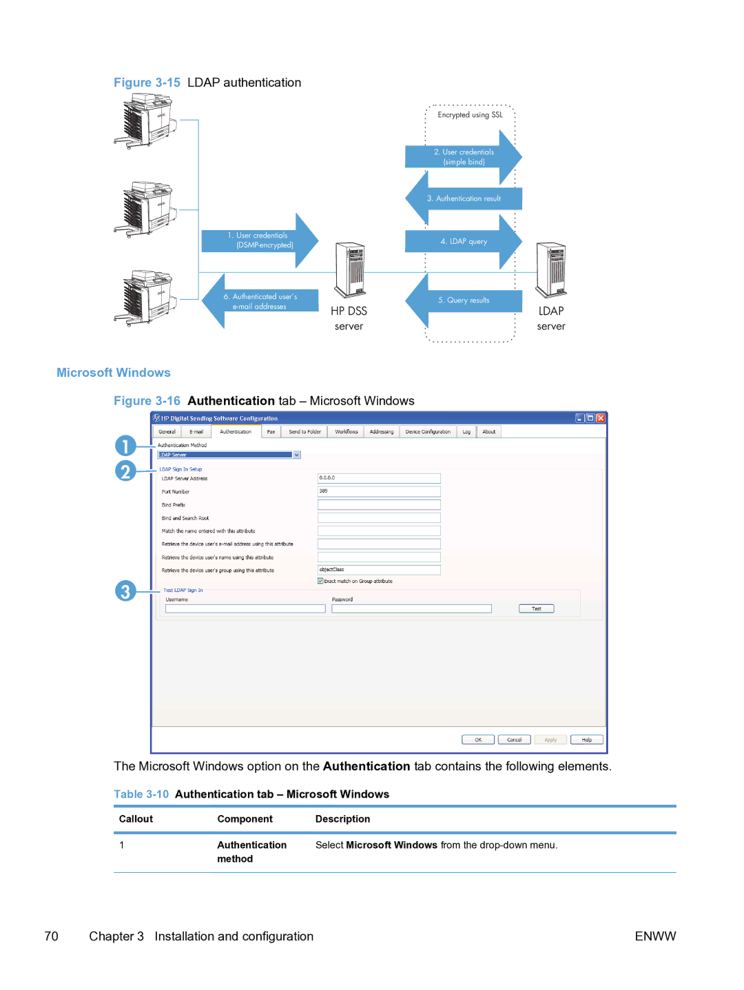 HP MFP Sending Software 4.9X manual 10Authentication tab Microsoft Windows 