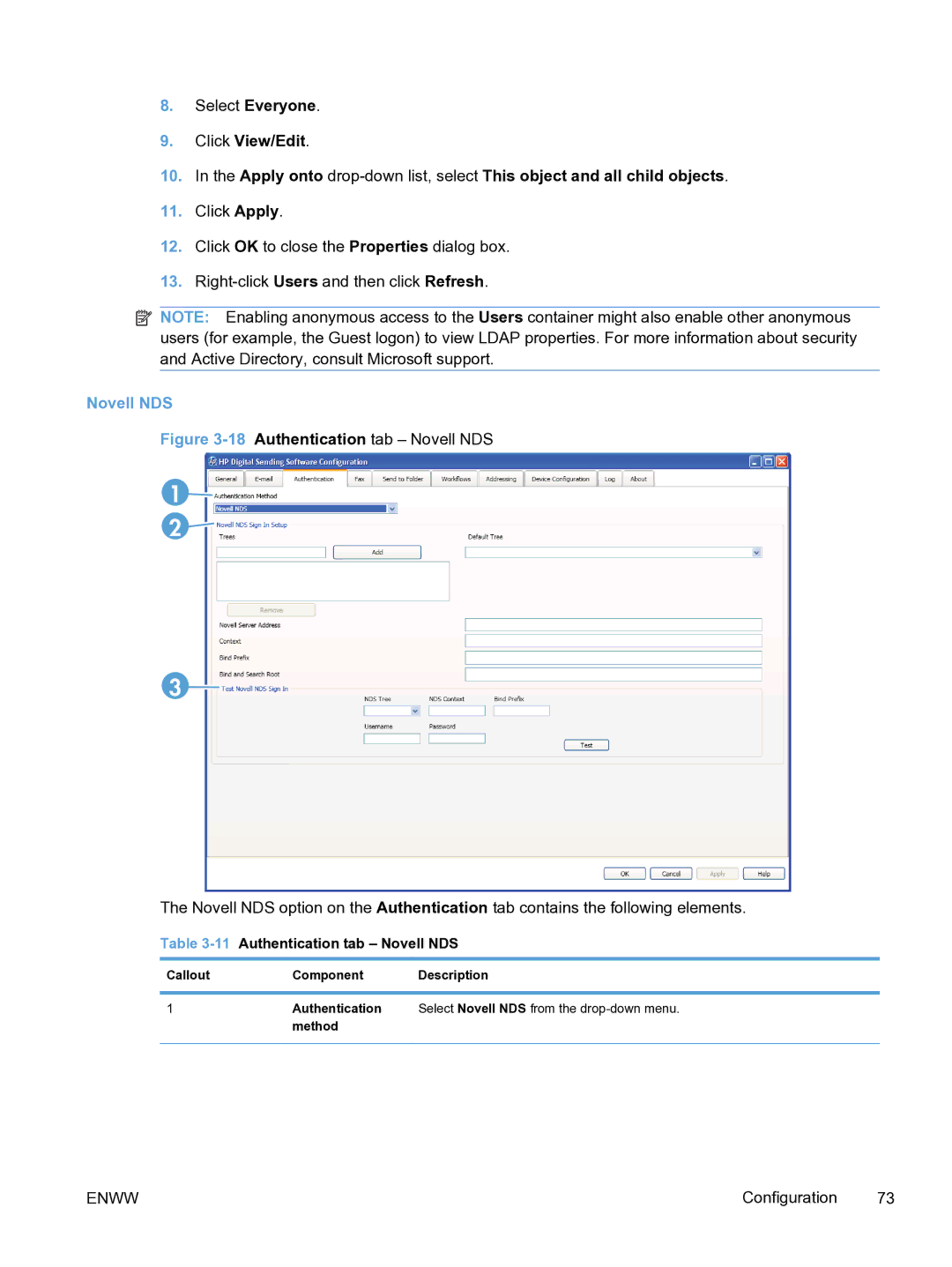 HP MFP Sending Software 4.9X manual 11Authentication tab Novell NDS 