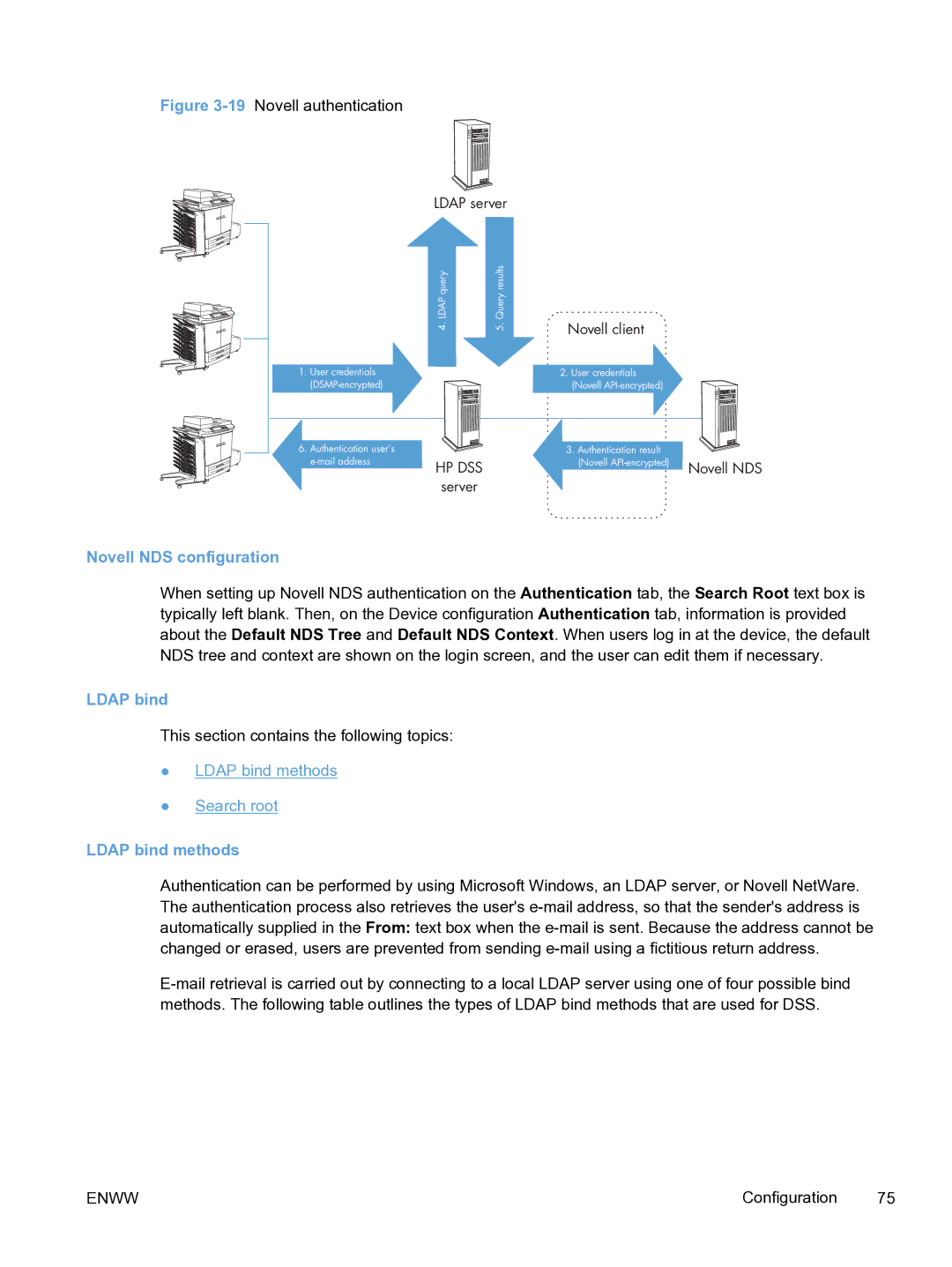 HP MFP Sending Software 4.9X manual Novell NDS configuration, Ldap bind methods 