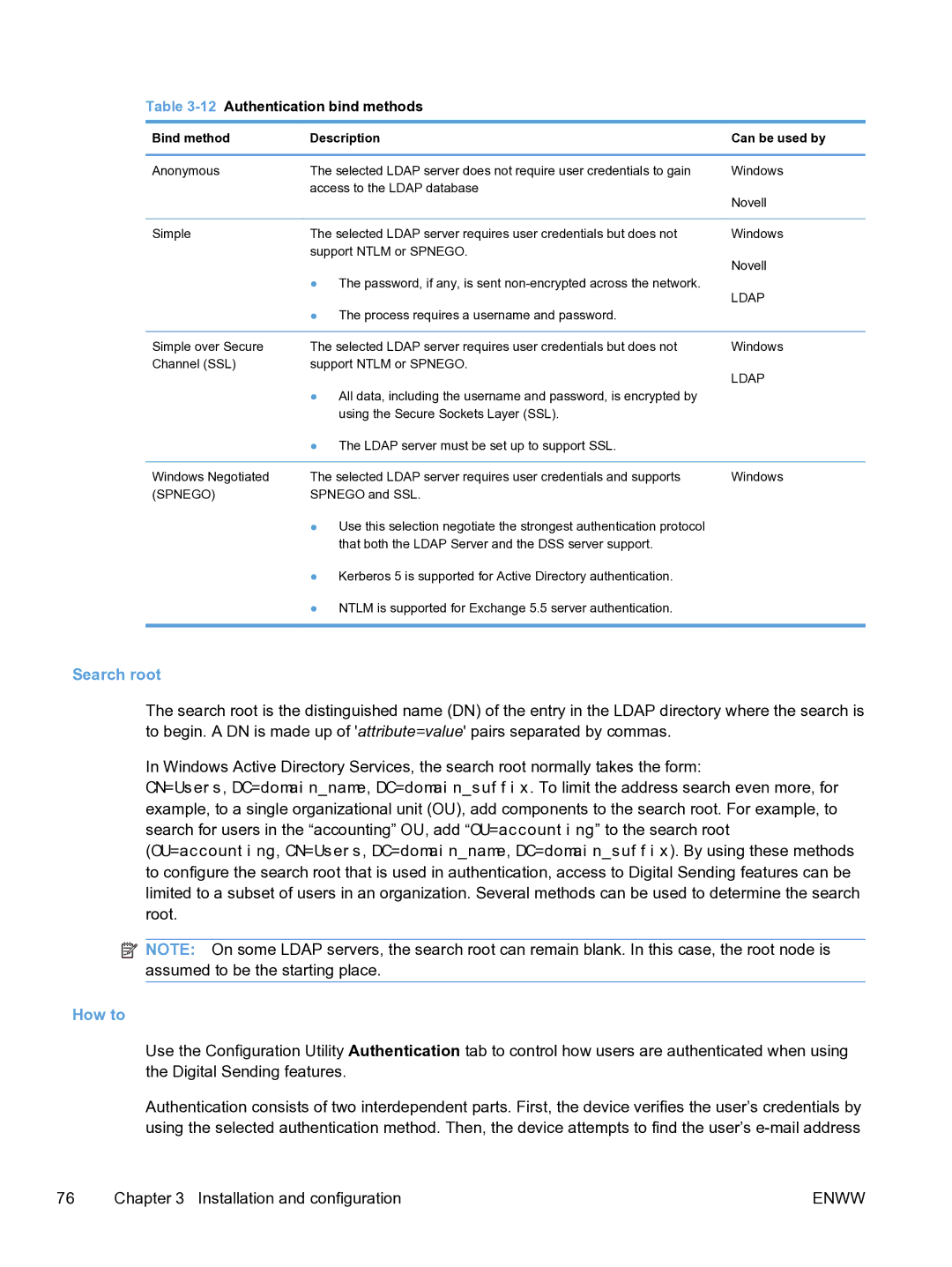 HP MFP Sending Software 4.9X Search root, How to, 12Authentication bind methods, Bind method Description Can be used by 