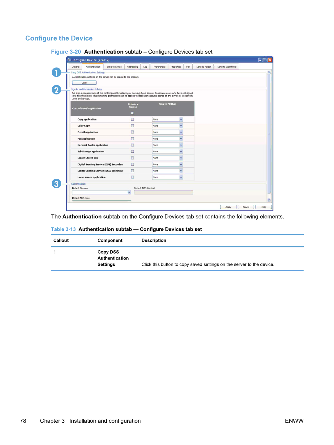 HP MFP Sending Software 4.9X manual Configure the Device, 13Authentication subtab Configure Devices tab set 