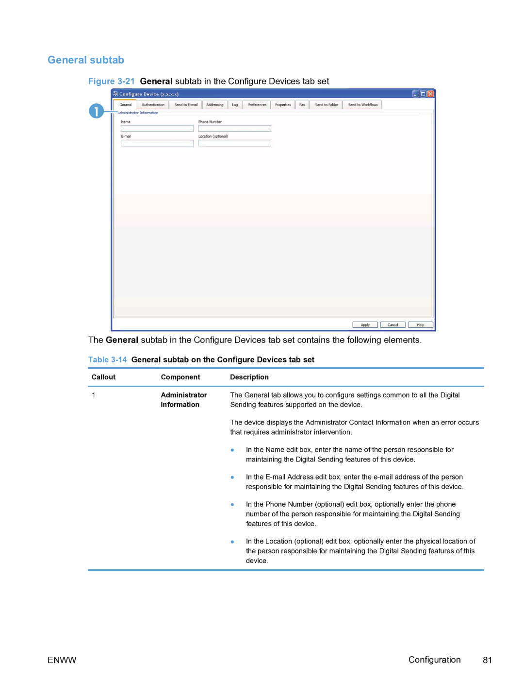 HP MFP Sending Software 4.9X manual 14General subtab on the Configure Devices tab set, Information 