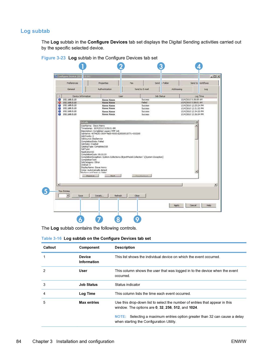 HP MFP Sending Software 4.9X manual Log subtab on the Configure Devices tab set 