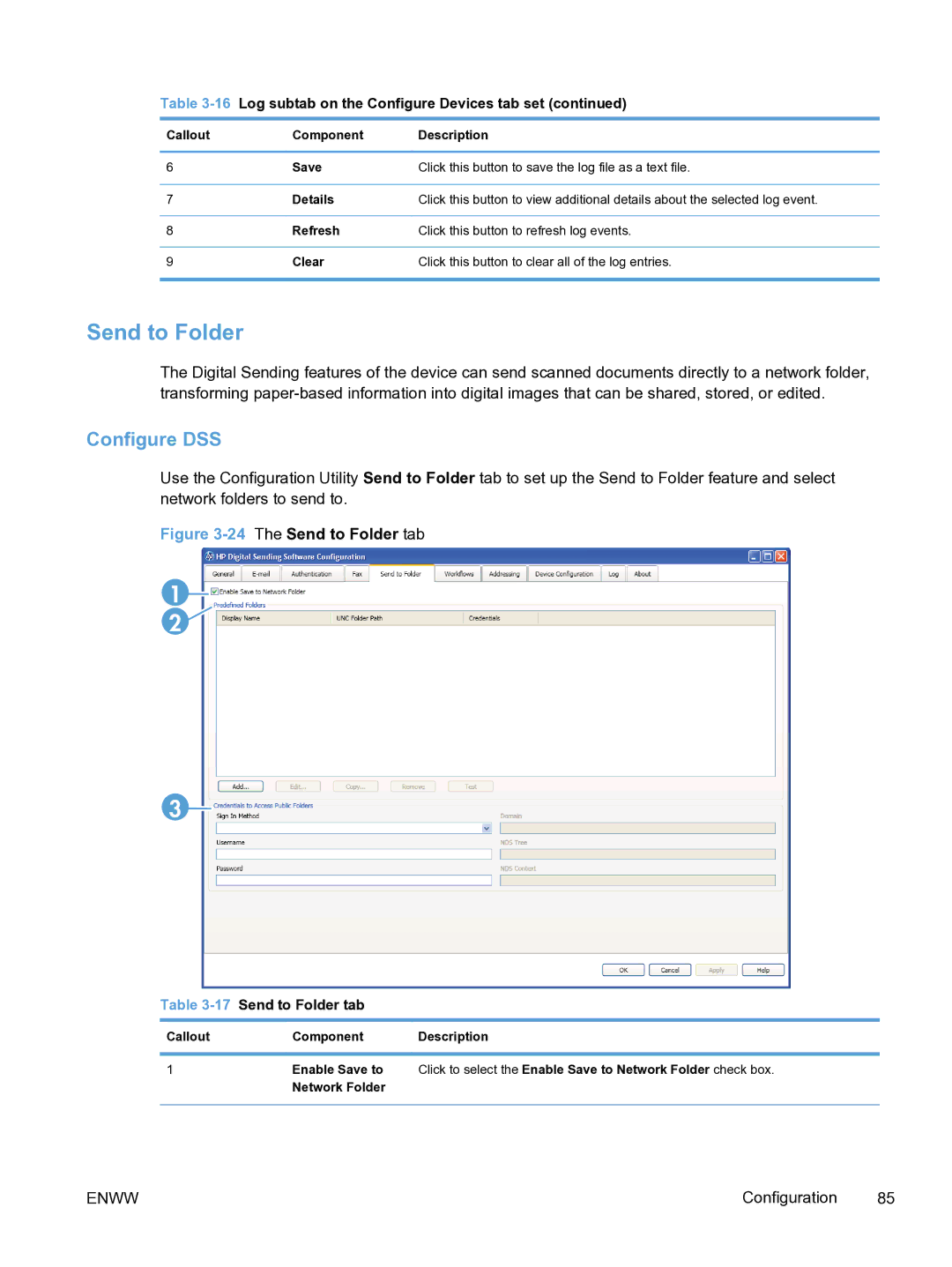 HP MFP Sending Software 4.9X manual 16Log subtab on the Configure Devices tab set, 17Send to Folder tab 