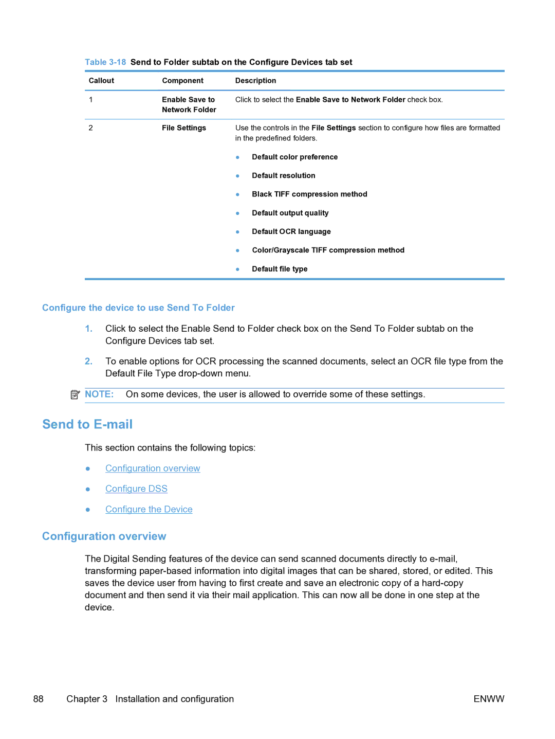 HP MFP Sending Software 4.9X manual Configuration overview, Configure the device to use Send To Folder 