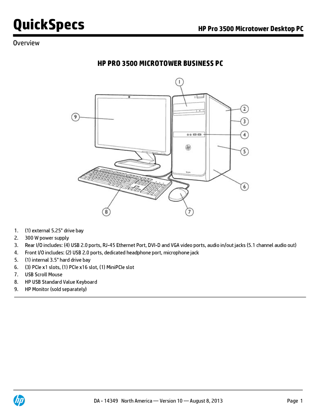 HP Micro Tower D8C46UT#ABA manual HP PRO 3500 Microtower Business PC, External 5.25 drive bay Power supply 