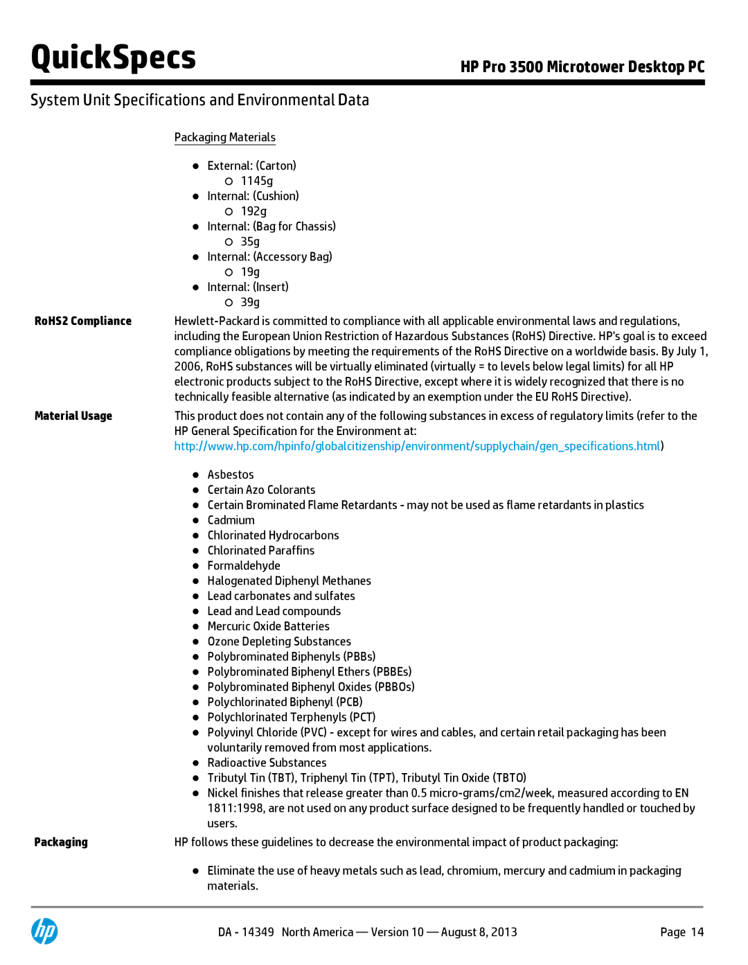 HP Micro Tower D8C46UT#ABA manual RoHS2 Compliance, Material Usage, Packaging 