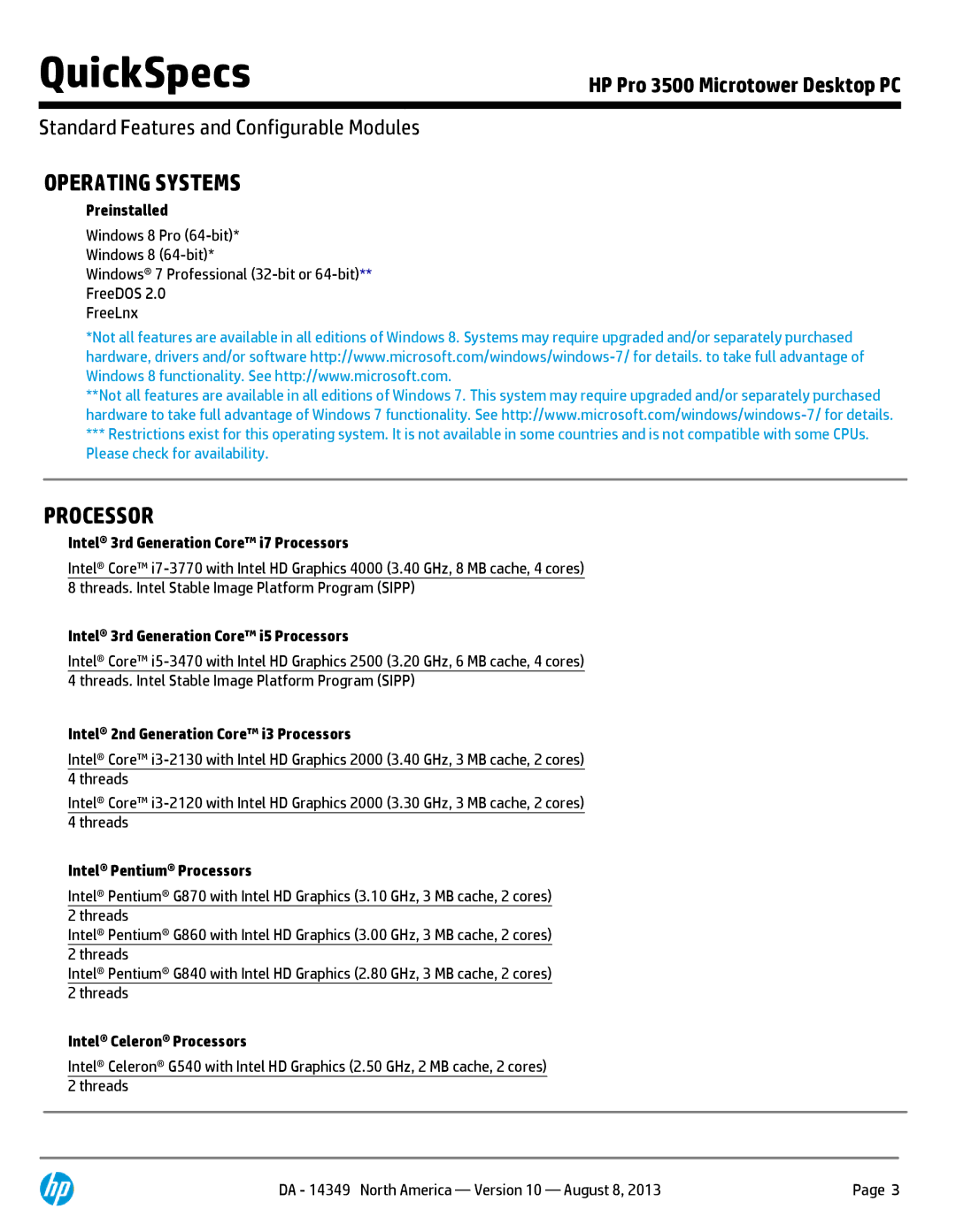 HP Micro Tower D8C46UT#ABA manual Operating Systems, Processor 