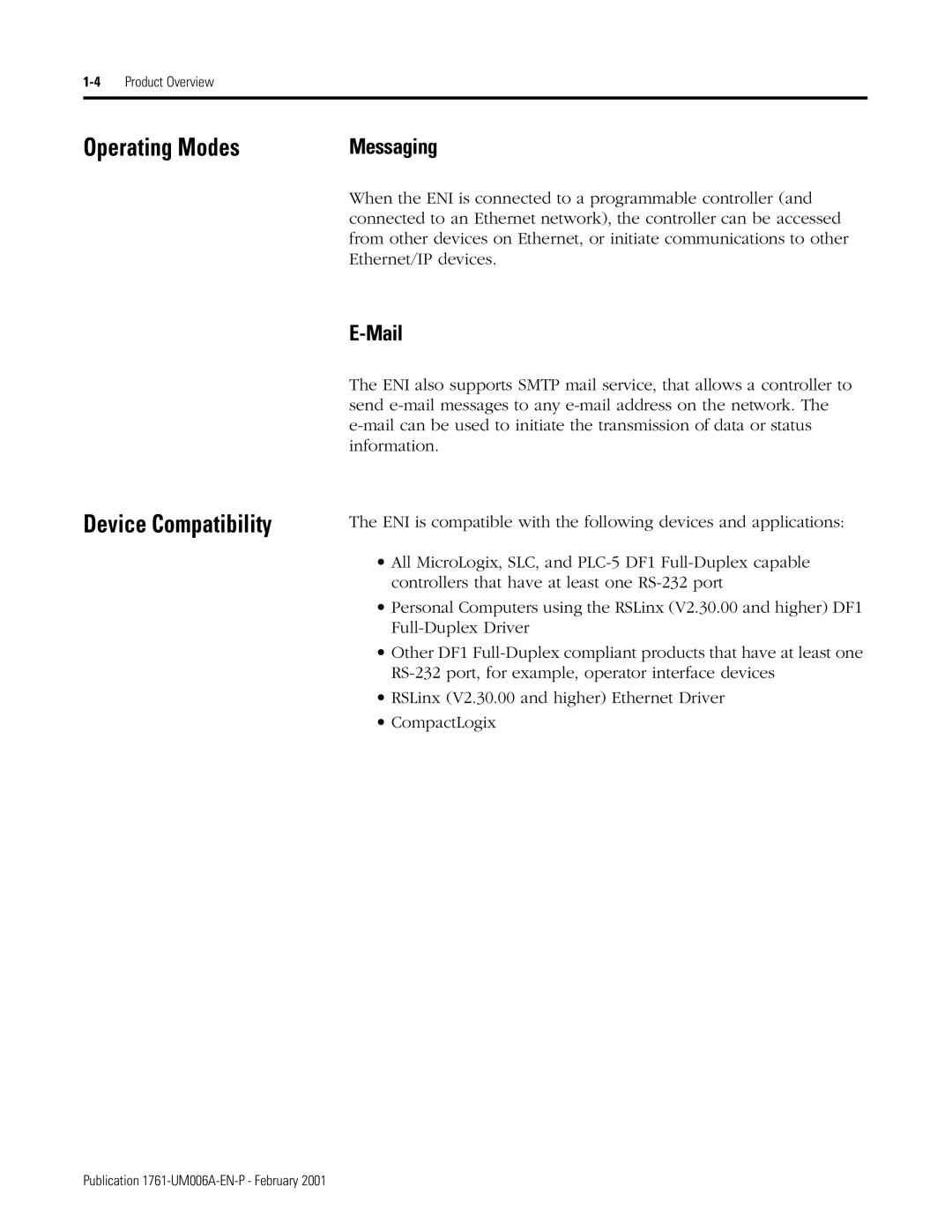 HP MicroLogix 1761-NET-ENI manual Operating Modes, Device Compatibility, Messaging, Mail 