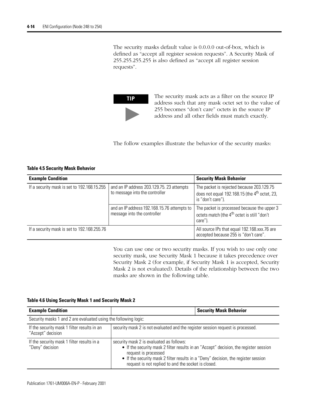 HP MicroLogix 1761-NET-ENI manual Security Mask Behavior Example Condition 