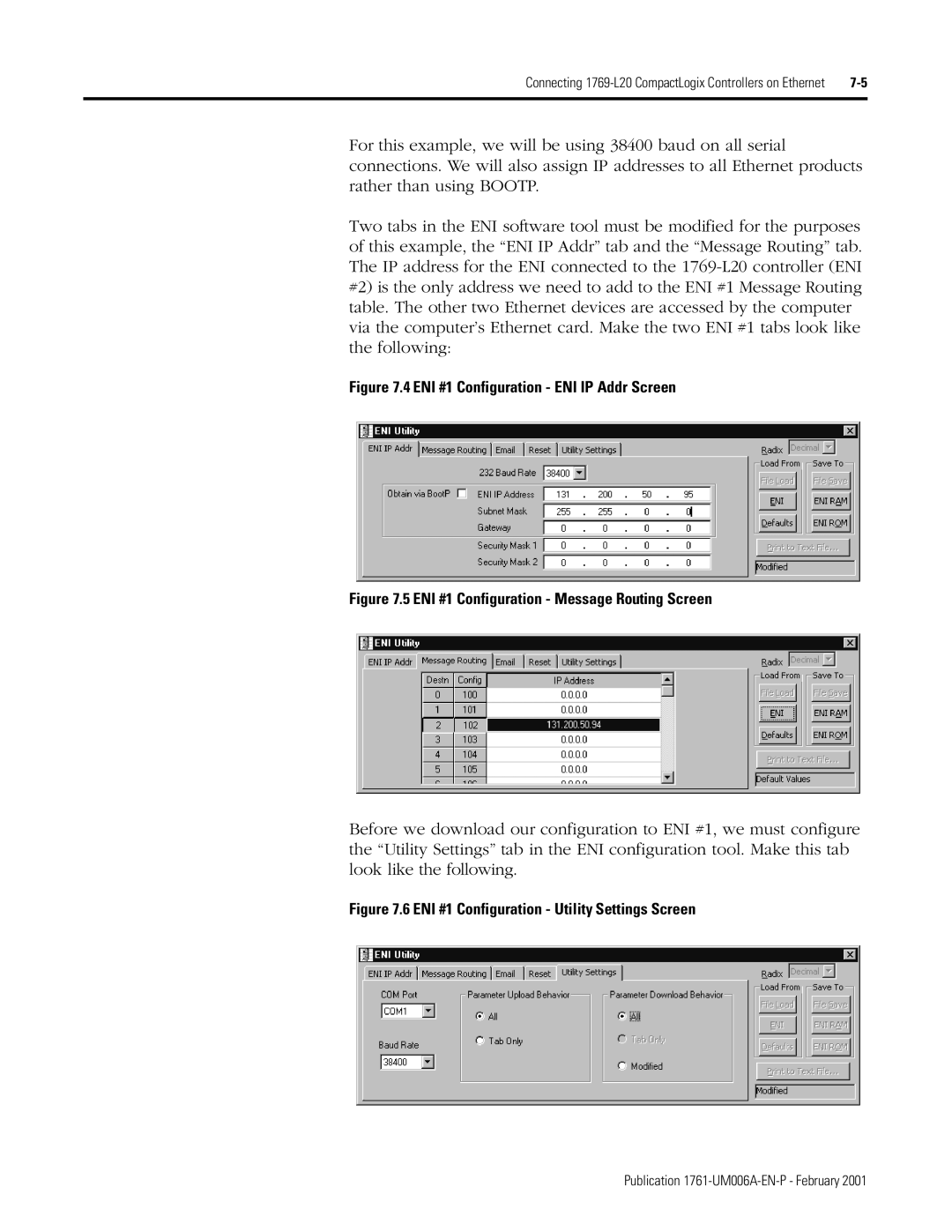 HP MicroLogix 1761-NET-ENI manual ENI #1 Configuration ENI IP Addr Screen 