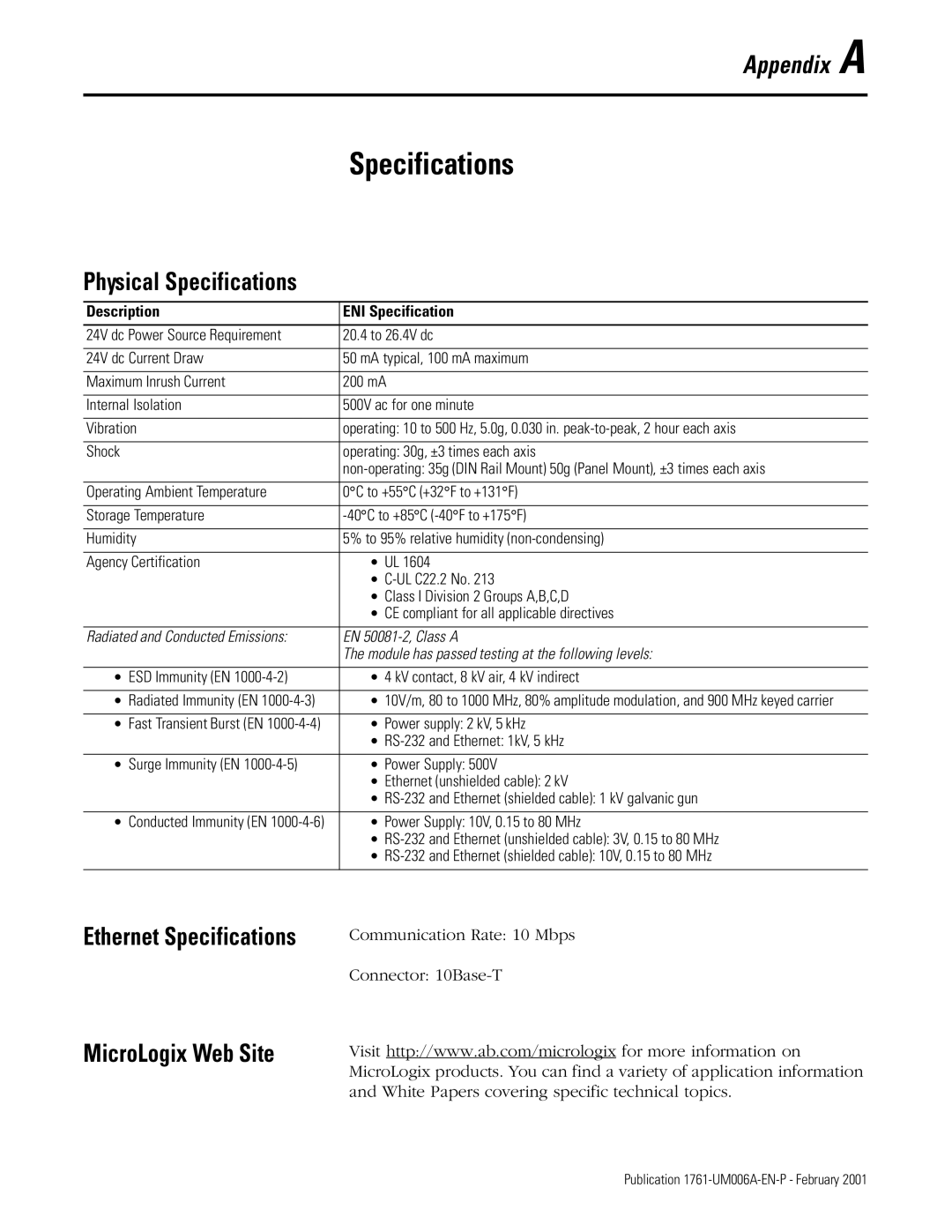 HP MicroLogix 1761-NET-ENI manual Physical Specifications, MicroLogix Web Site, Description ENI Specification 