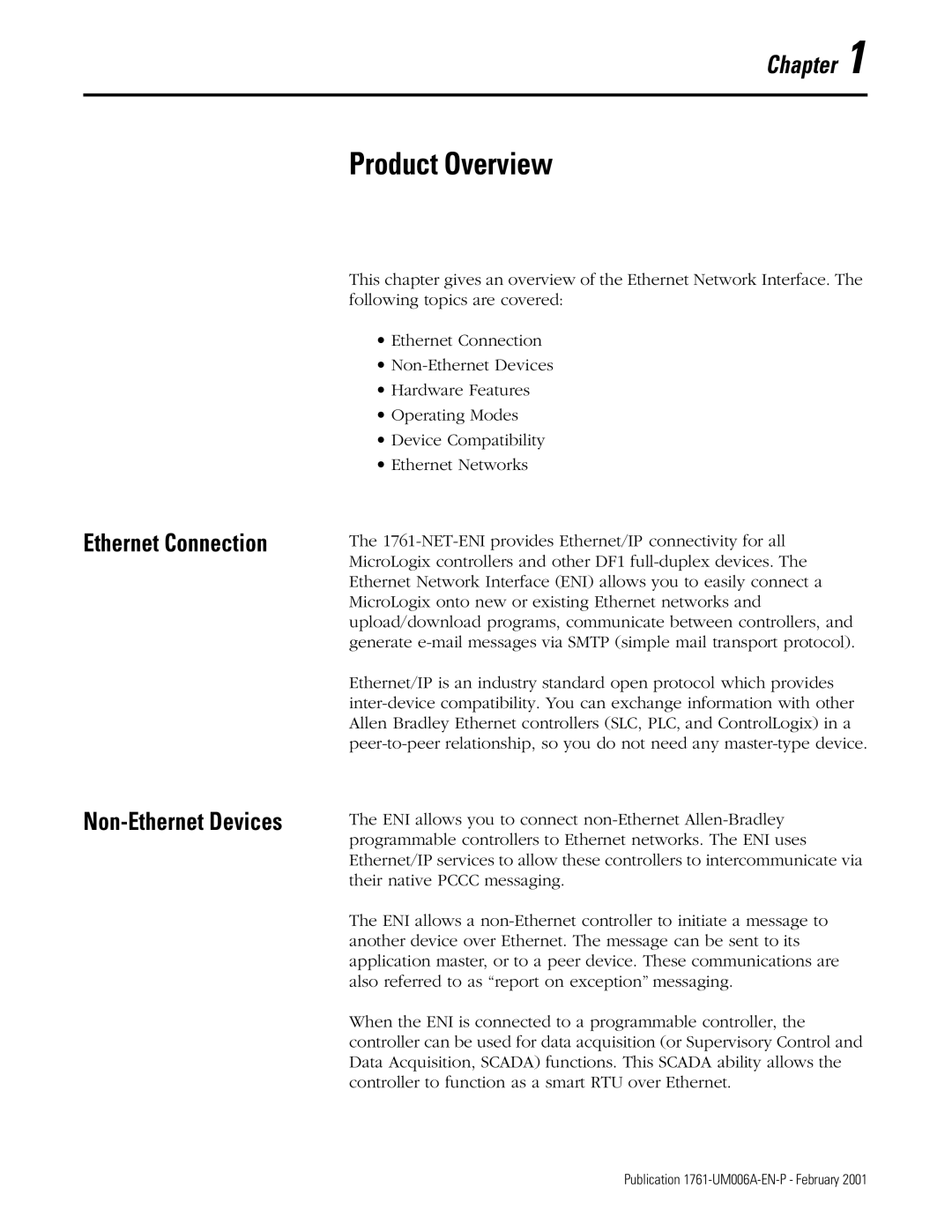 HP MicroLogix 1761-NET-ENI manual Product Overview, Ethernet Connection Non-Ethernet Devices 