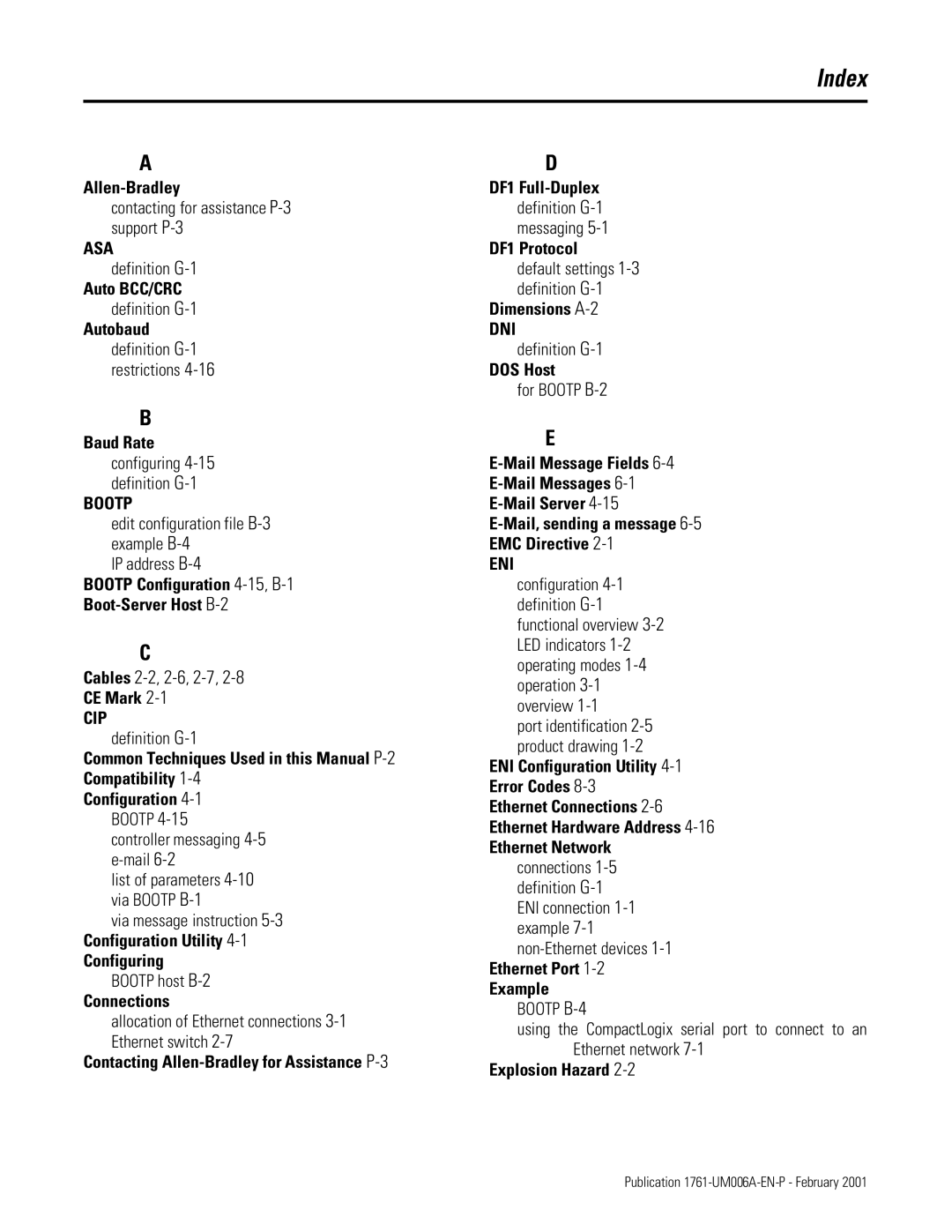 HP MicroLogix 1761-NET-ENI manual Index, Allocation of Ethernet connections 3-1Ethernet switch 