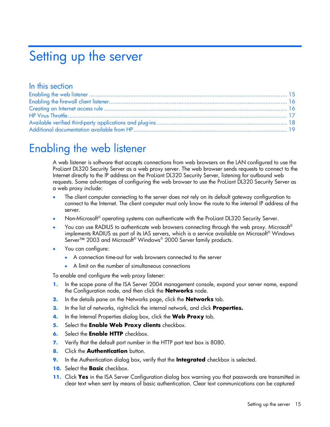 HP Microsoft Internet Security and Acceleration (ISA) Software manual Setting up the server, Enabling the web listener 