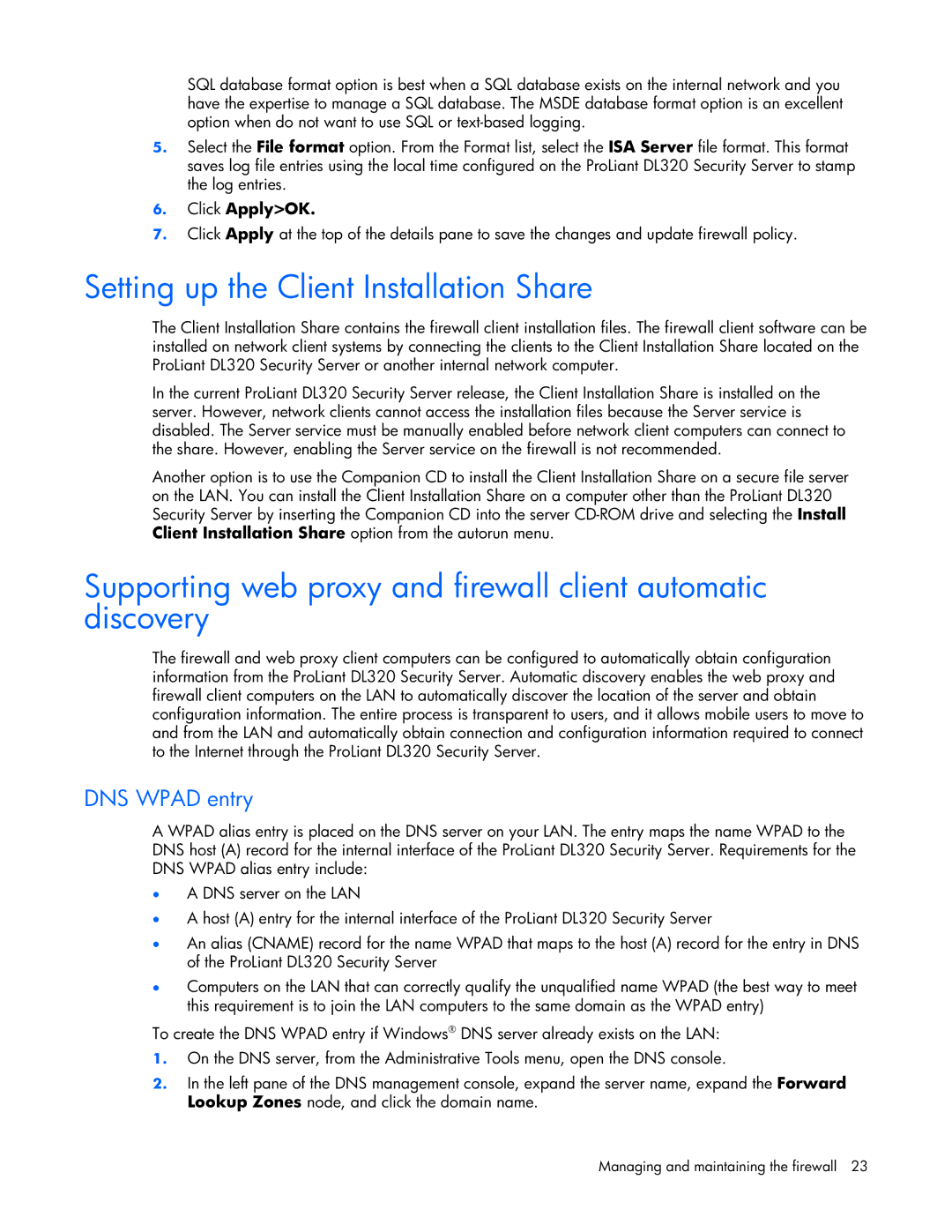 HP Microsoft Internet Security and Acceleration (ISA) Software Setting up the Client Installation Share, DNS Wpad entry 