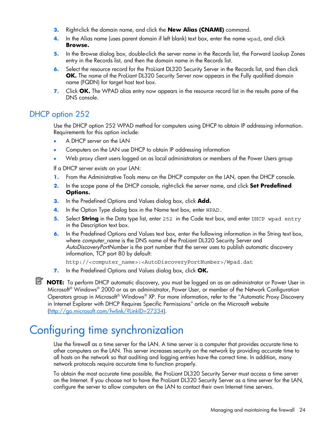HP Microsoft Internet Security and Acceleration (ISA) Software manual Configuring time synchronization, Dhcp option, Browse 