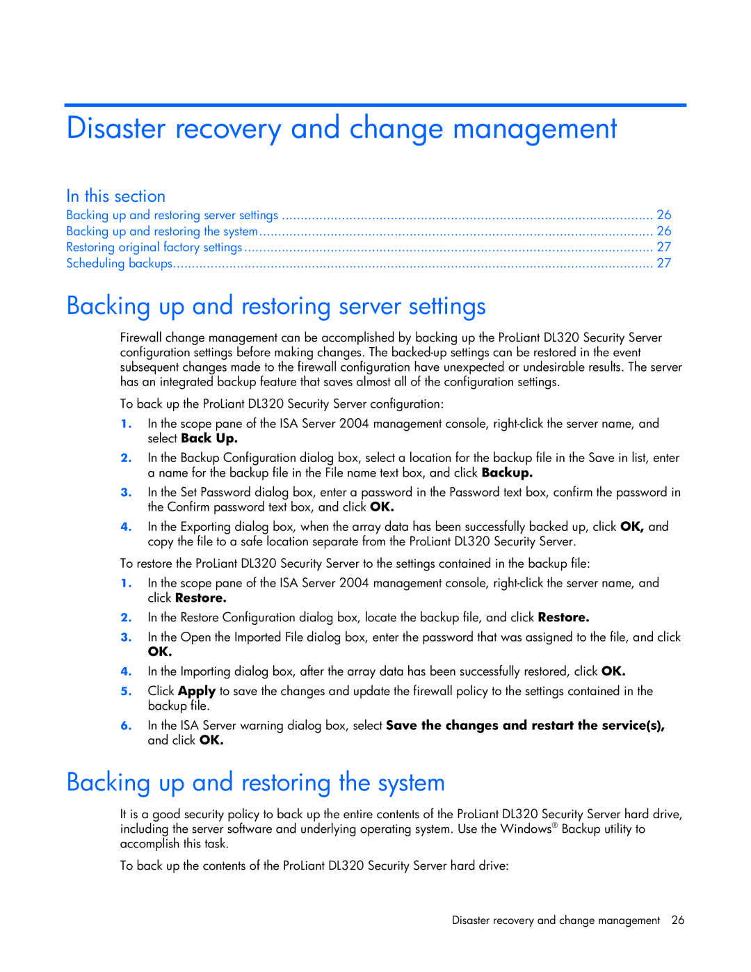 HP Microsoft Internet Security and Acceleration (ISA) Software manual Disaster recovery and change management 