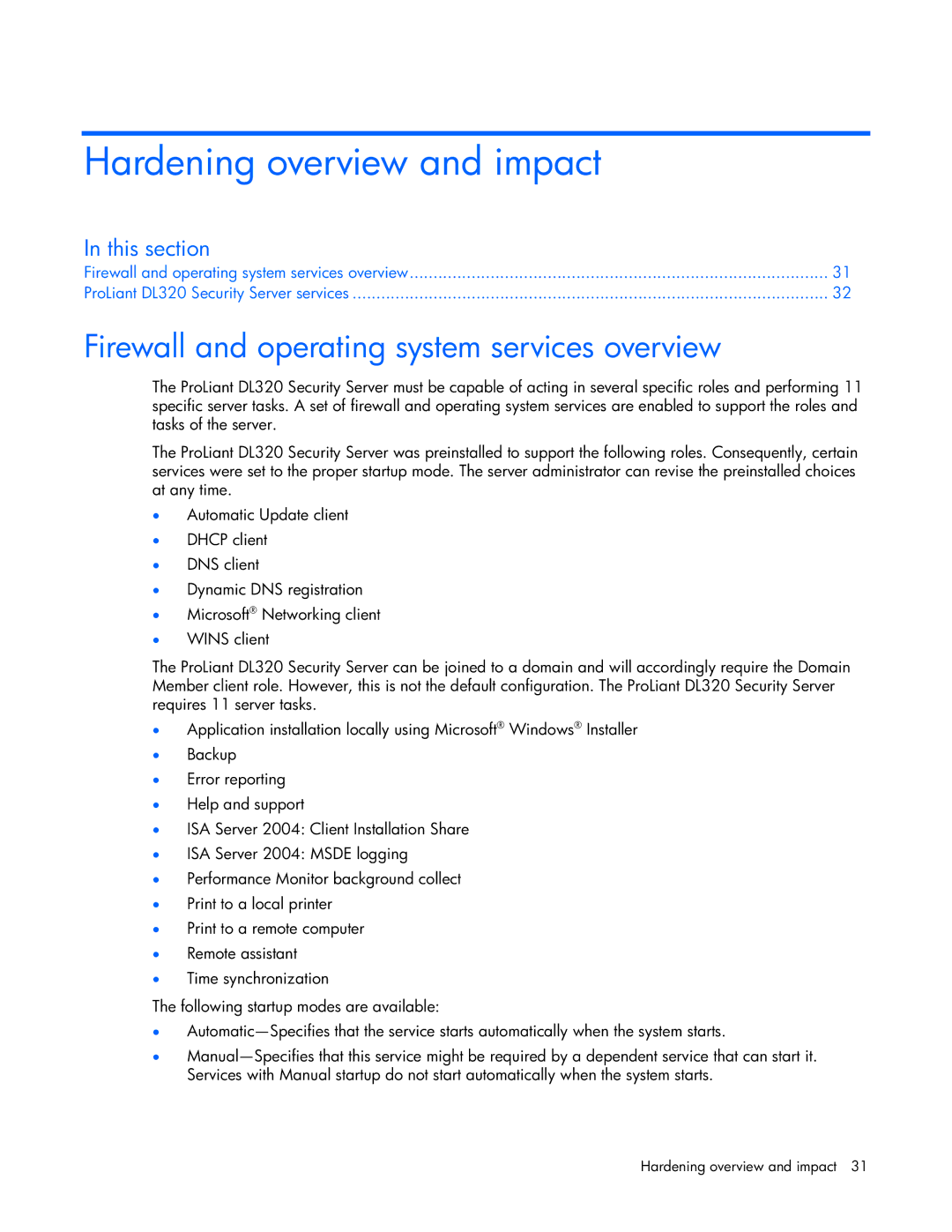 HP Microsoft Internet Security and Acceleration (ISA) Software manual Hardening overview and impact 