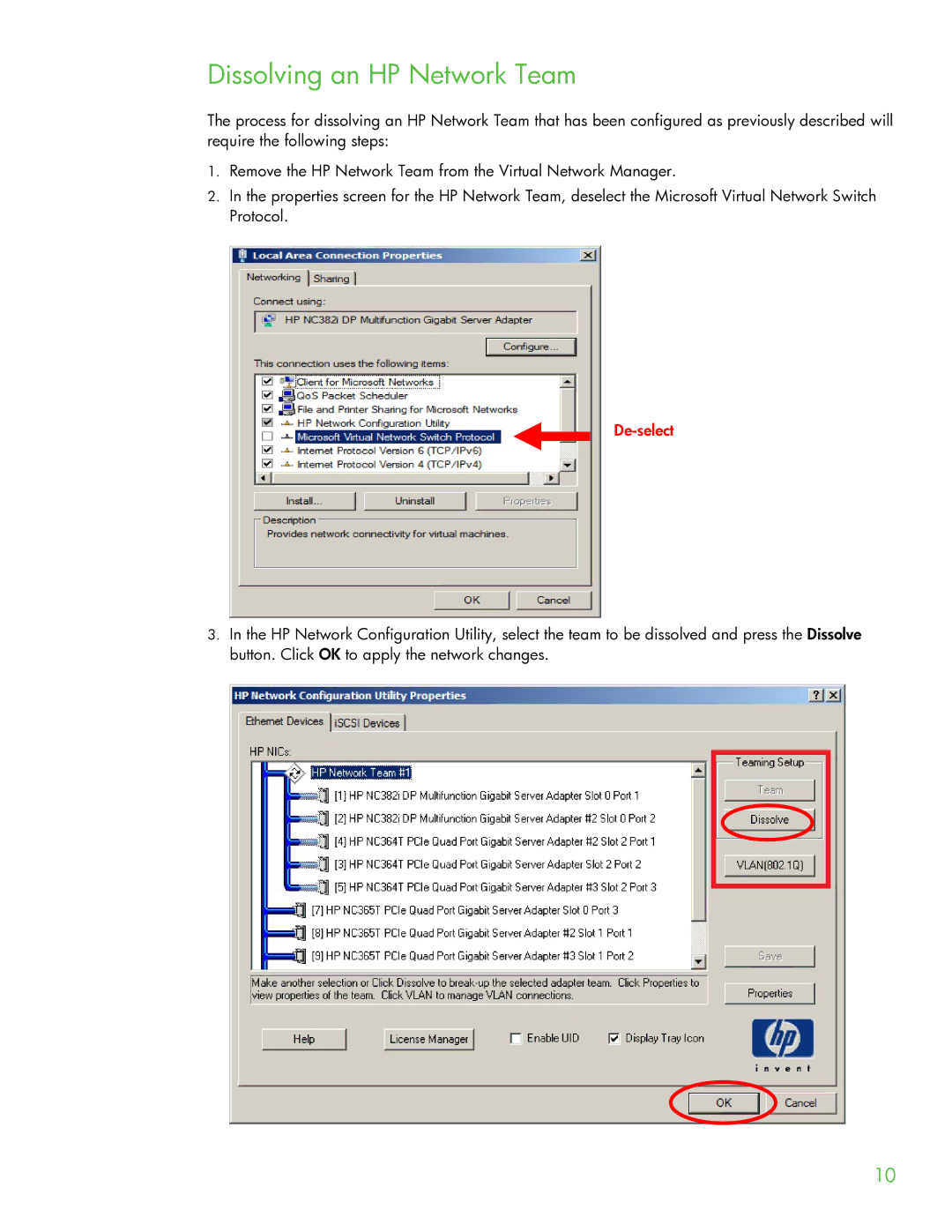 HP Microsoft Virtual Server Software manual Dissolving an HP Network Team 