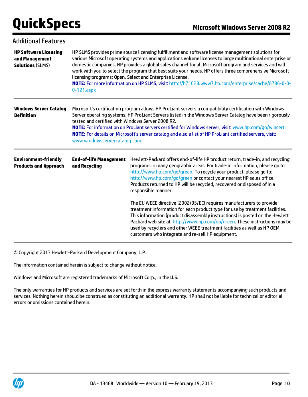 HP Microsoft Windows Server 2008 R2 Standard Edition 589256-B21 manual HP Software Licensing Management Solutions Slms 