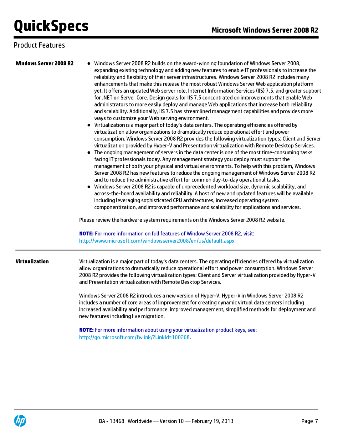 HP Microsoft Windows Server 2008 R2 Standard Edition 589256-B21 manual Product Features, Virtualization 