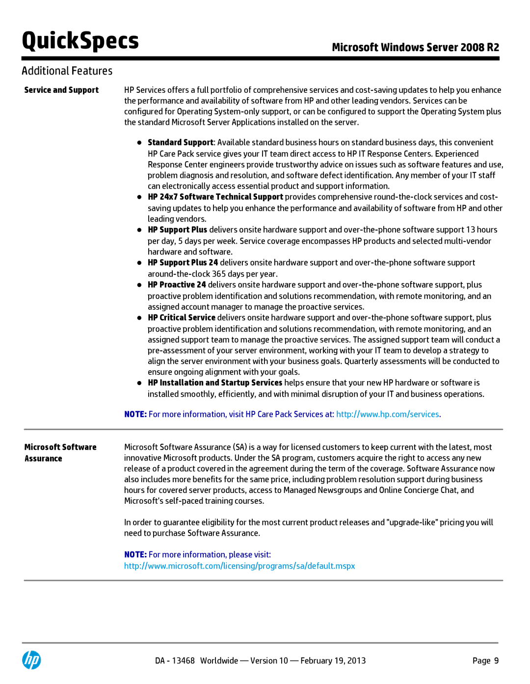 HP Microsoft Windows Server 2008 R2 Standard Edition 589256-B21 manual Service and Support, Microsoft Software, Assurance 