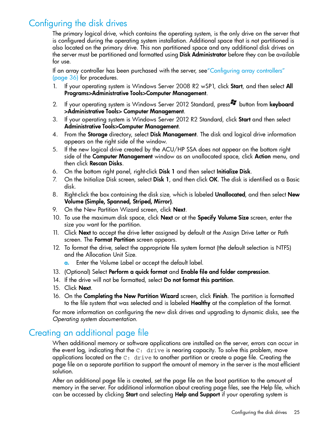 HP Microsoft Windows Server 2008 R2 manual Configuring the disk drives, Creating an additional page file 