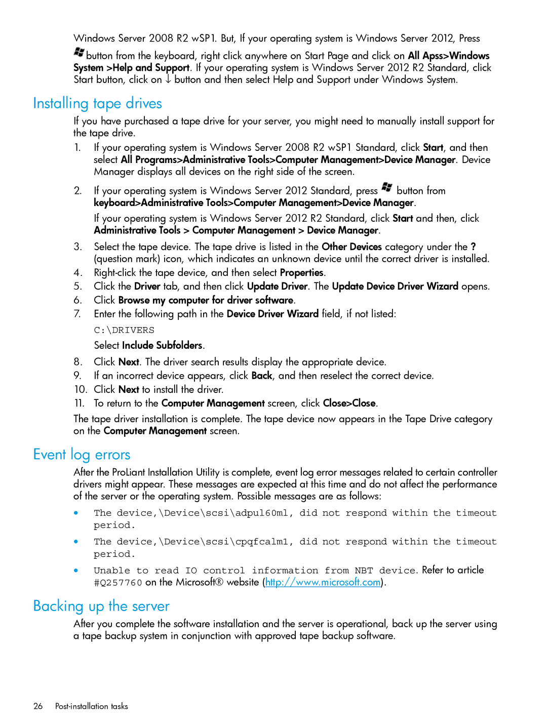 HP Microsoft Windows Server 2008 R2 manual Installing tape drives, Event log errors, Backing up the server 