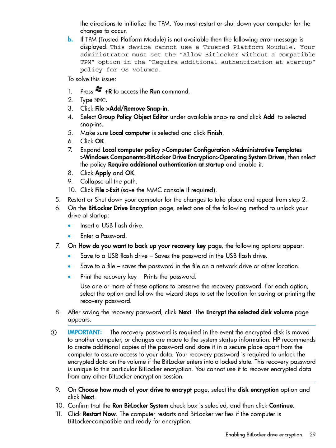 HP Microsoft Windows Server 2008 R2 manual Enabling BitLocker drive encryption 