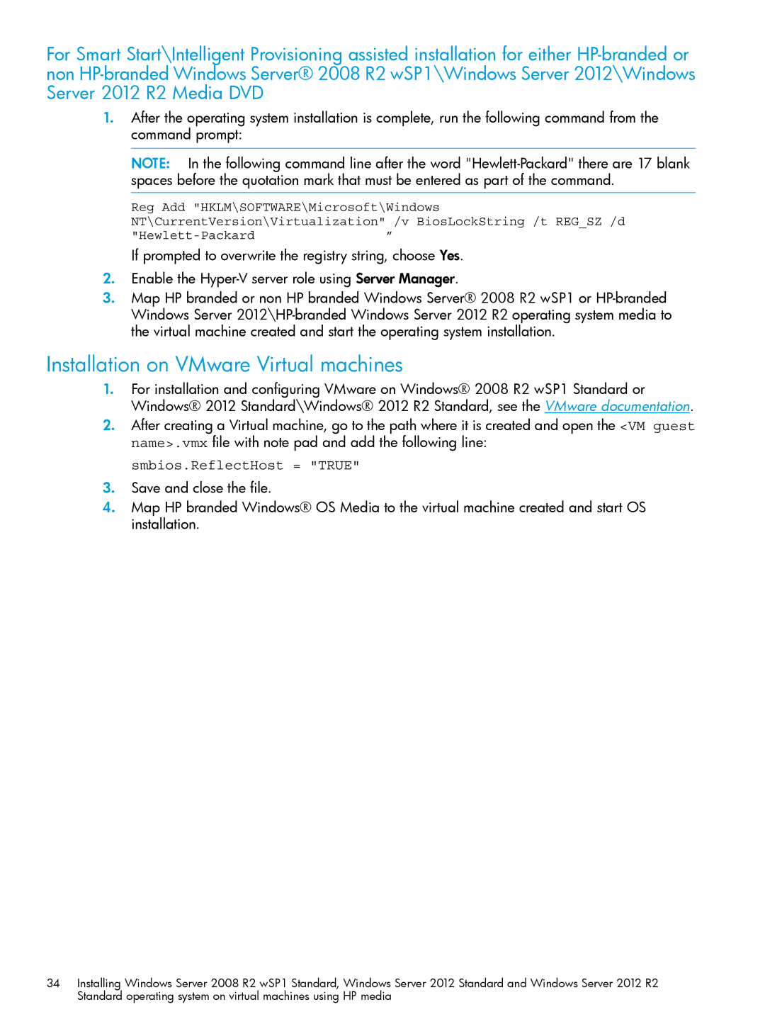 HP Microsoft Windows Server 2008 R2 manual Installation on VMware Virtual machines, Smbios.ReflectHost = True 