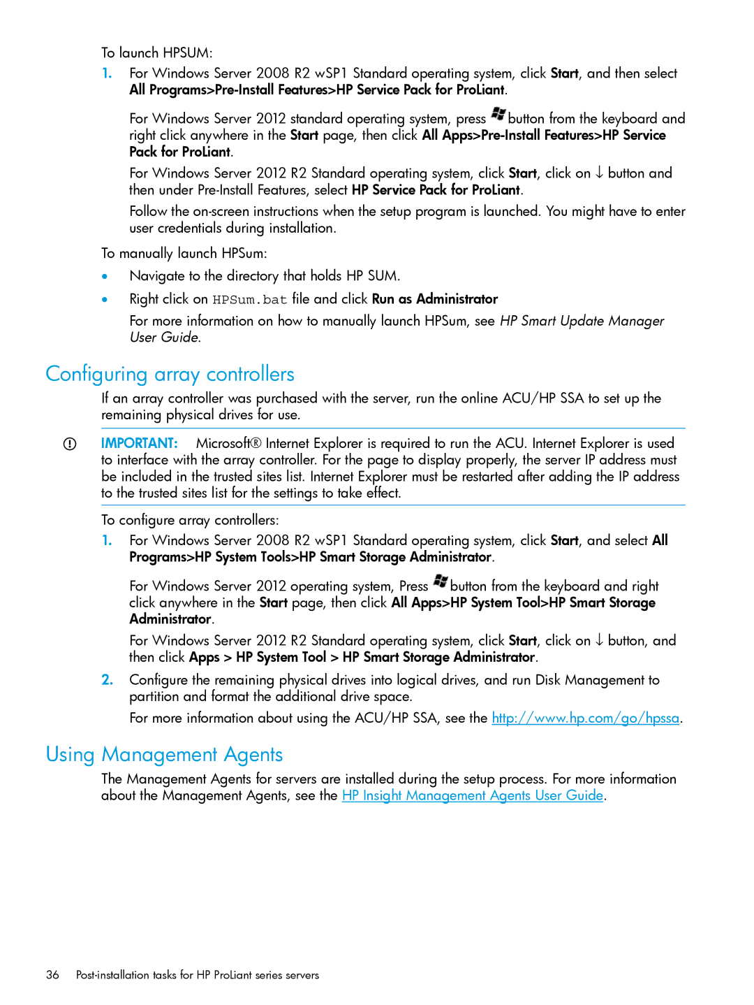 HP Microsoft Windows Server 2008 R2 manual Configuring array controllers, Using Management Agents 