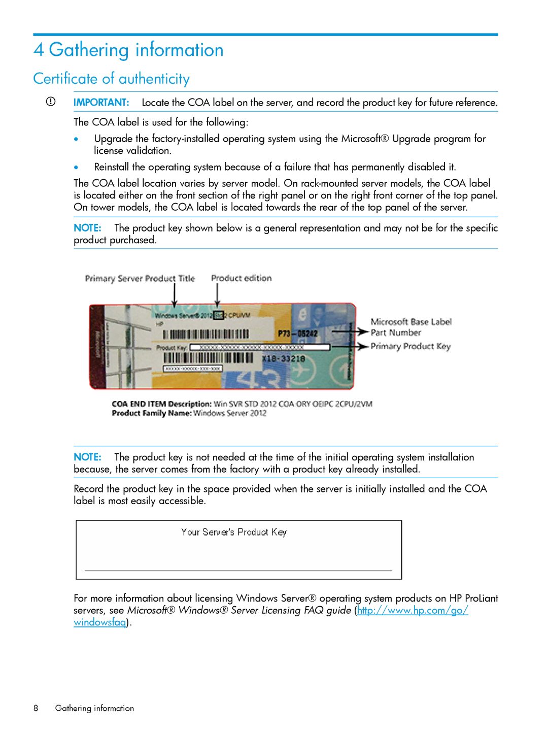 HP Microsoft Windows Server 2008 R2 manual Gathering information, Certificate of authenticity 