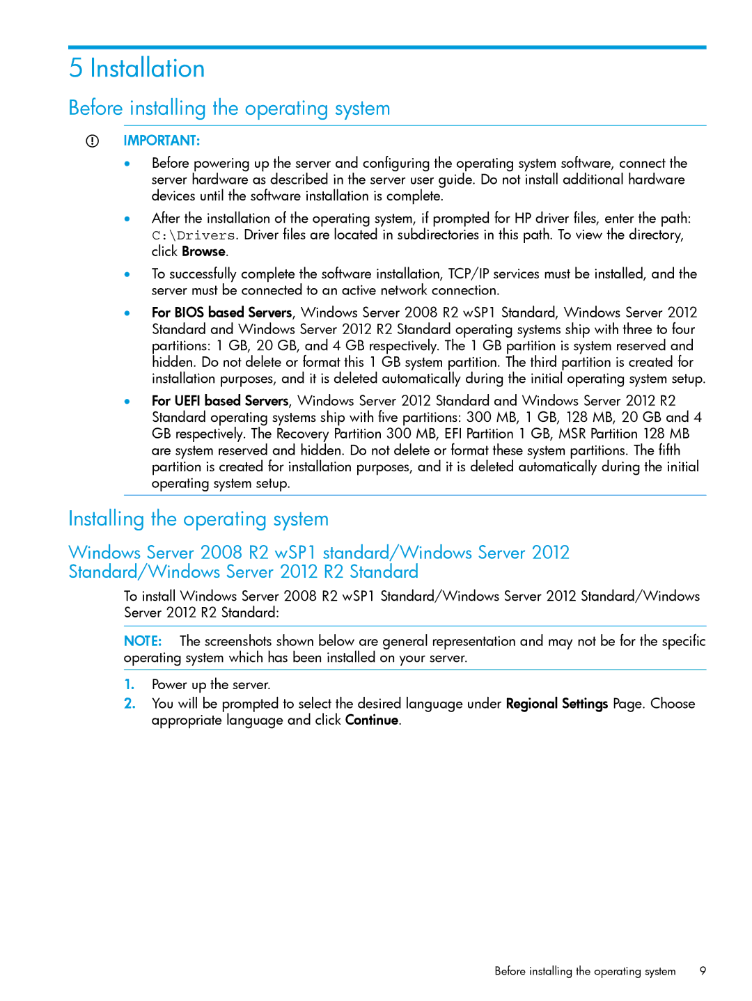 HP Microsoft Windows Server 2008 R2 Installation, Before installing the operating system, Installing the operating system 