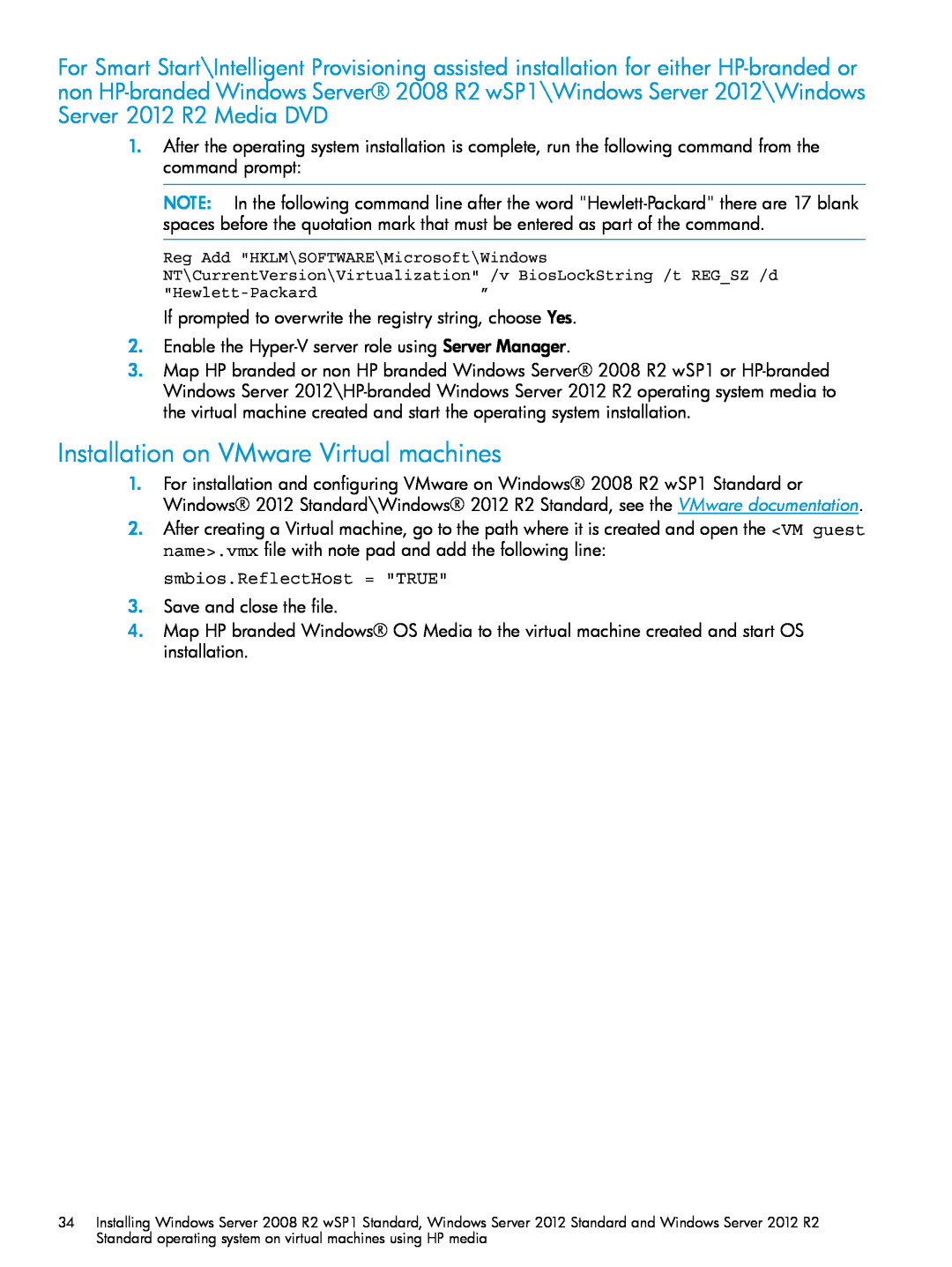 HP Microsoft Windows Server 2012 manual Installation on VMware Virtual machines, smbios.ReflectHost = TRUE 